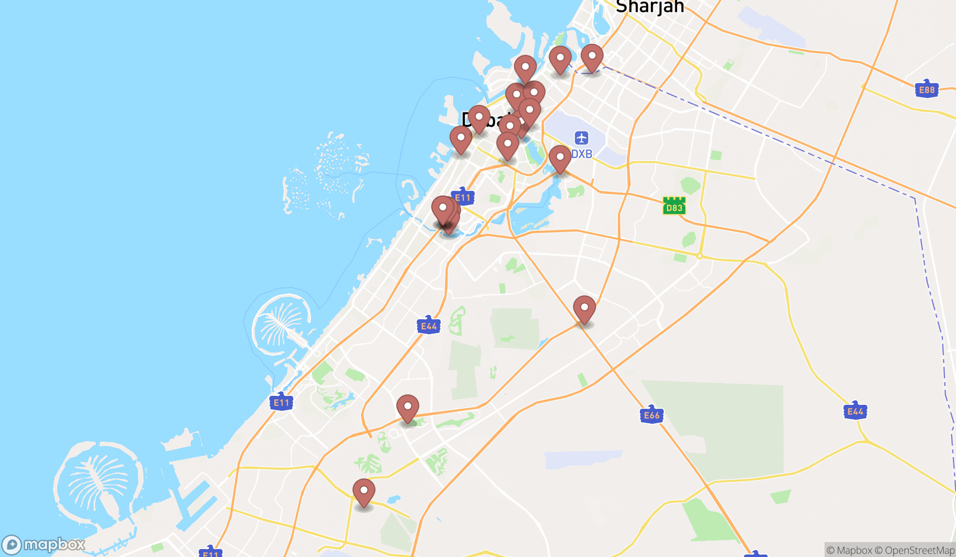 Map showing the search results in Dubai