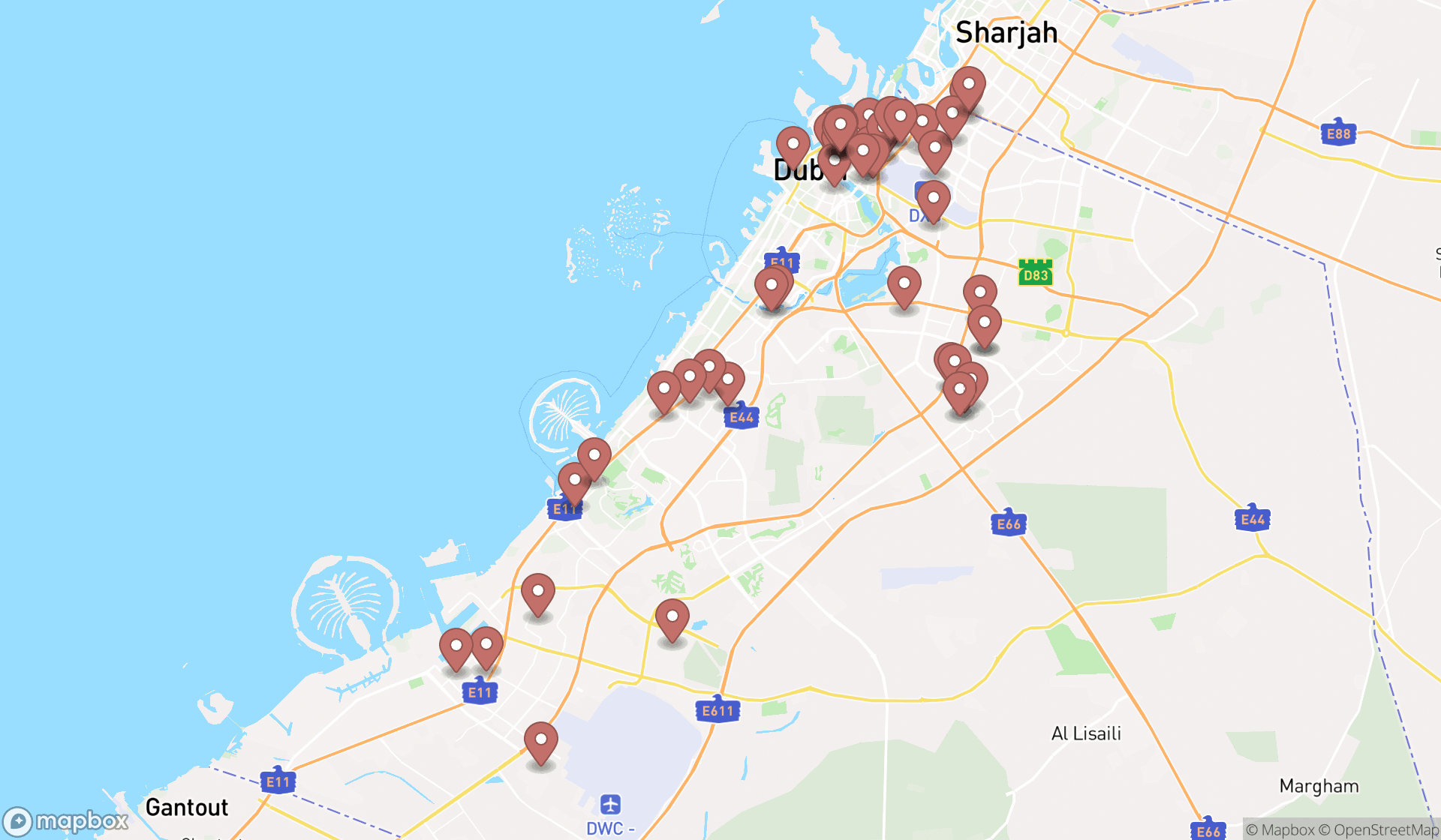 Map showing the search results in Dubai