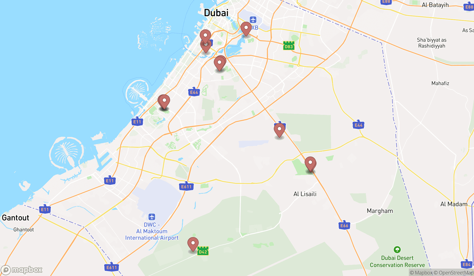 Map showing the search results in Dubai