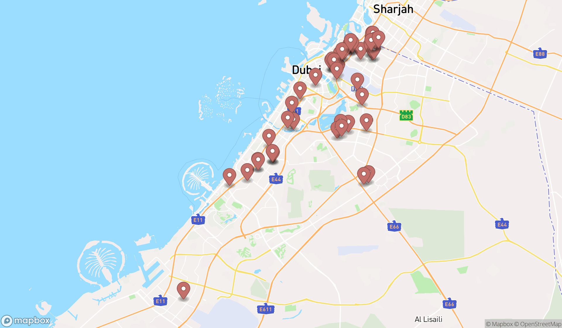 Map showing the search results in Dubai
