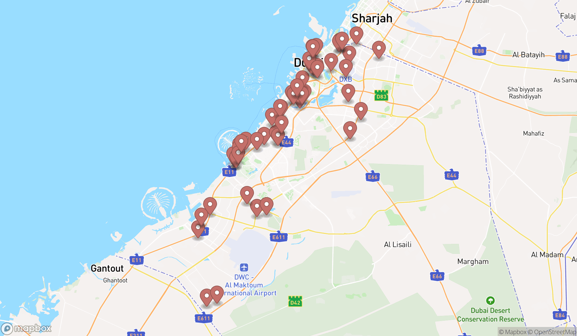 Map showing the search results in Dubai