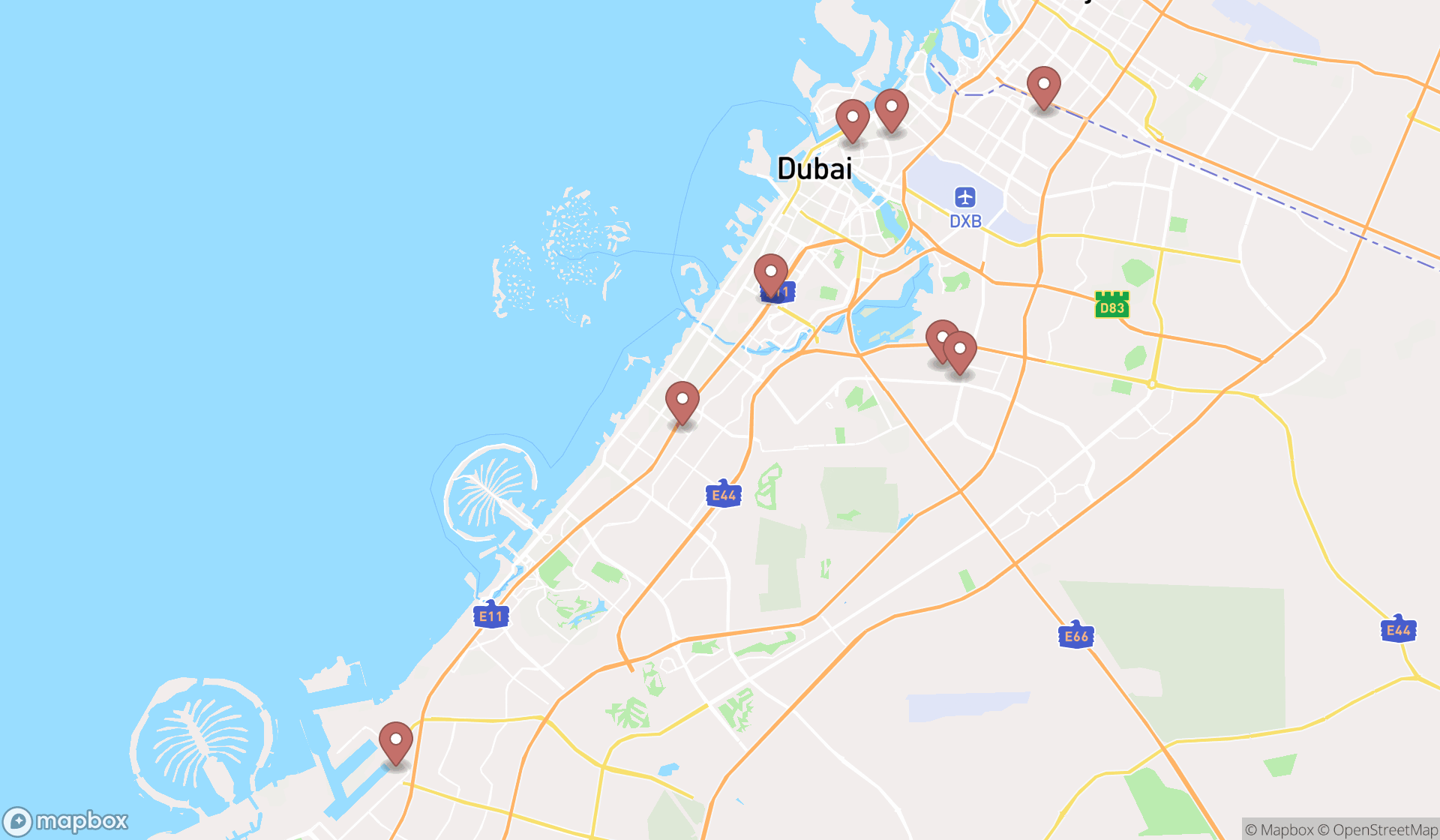 Map showing the search results in Dubai