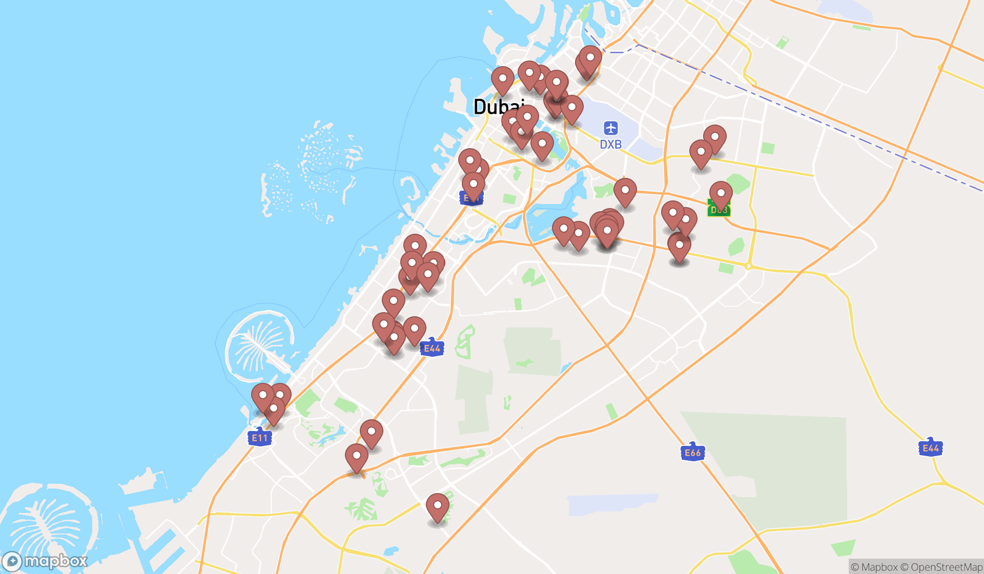 Map showing the search results in Dubai