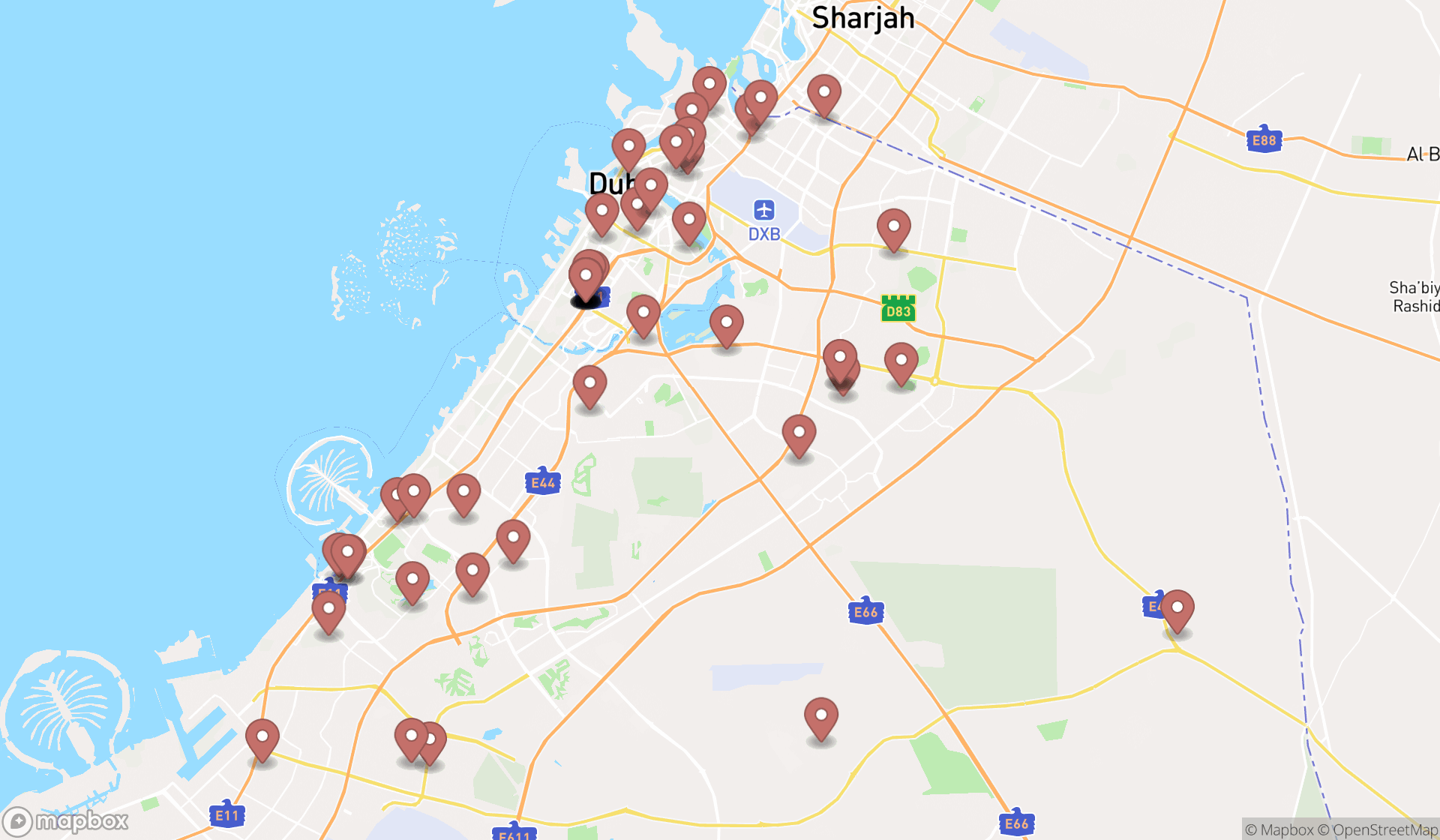 Map showing the search results in Dubai