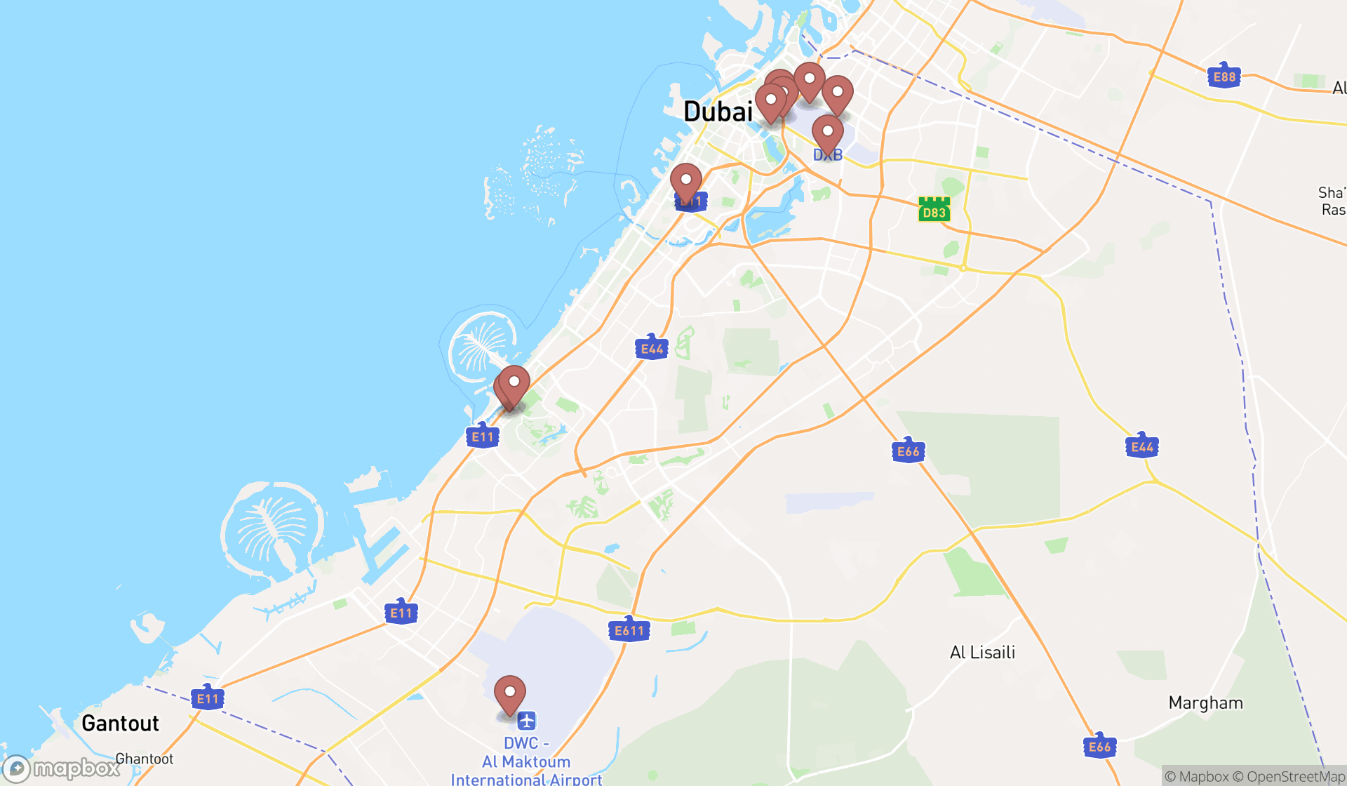 Map showing the search results in Dubai