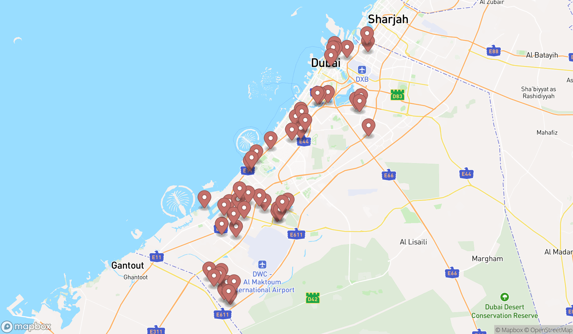 Map showing the search results in Dubai