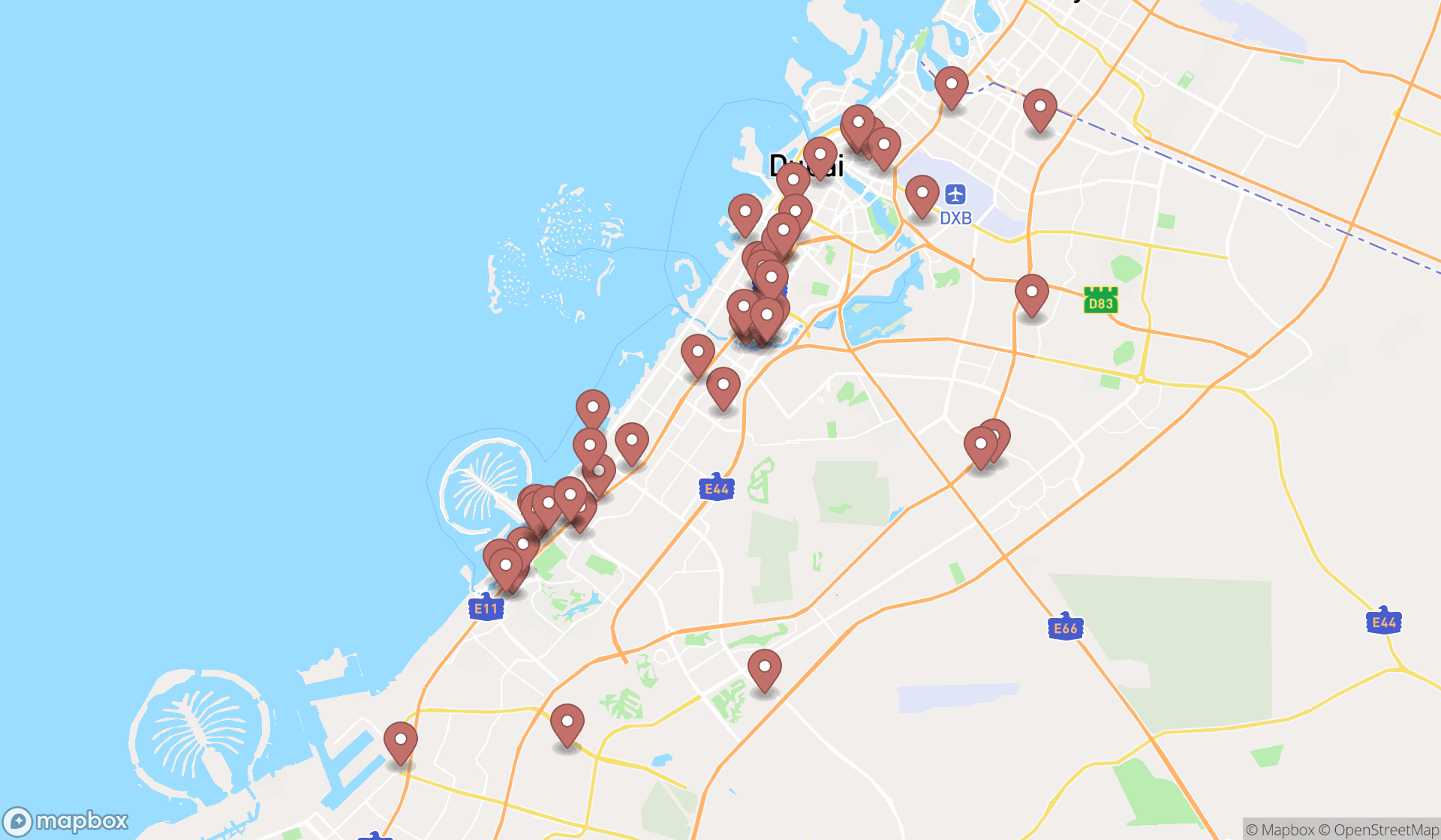 Map showing the search results in Dubai