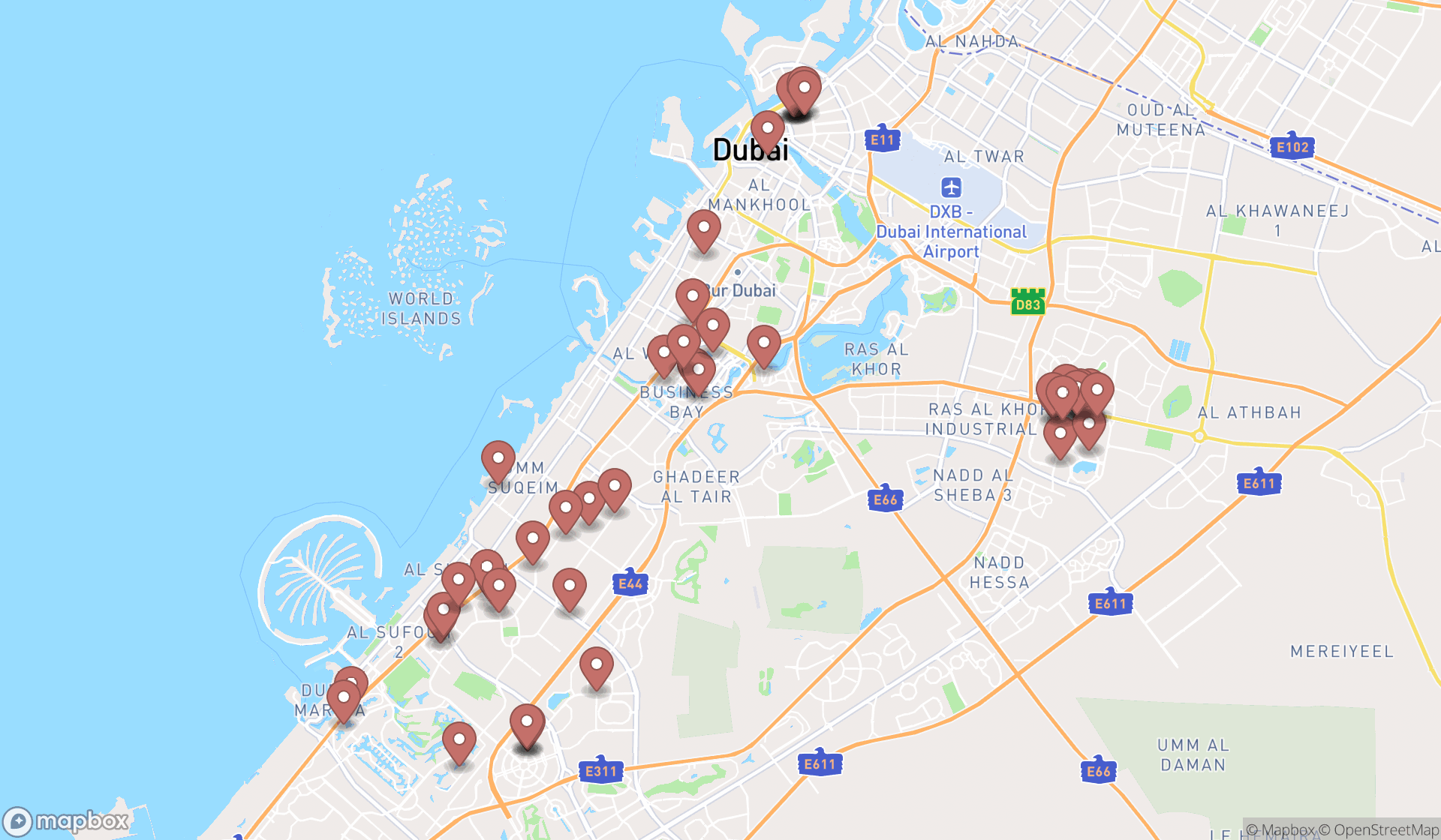 Map showing the search results in Dubai