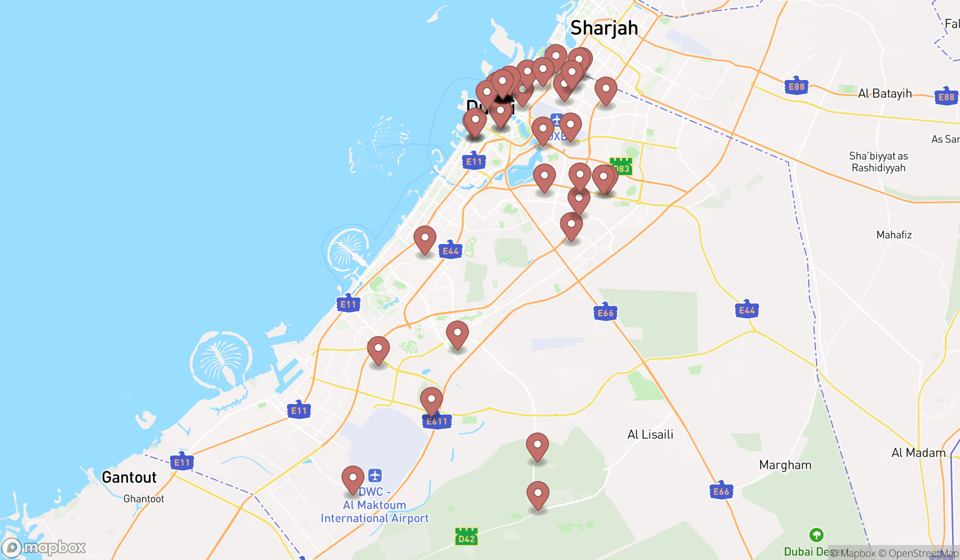 Map showing the search results in Dubai