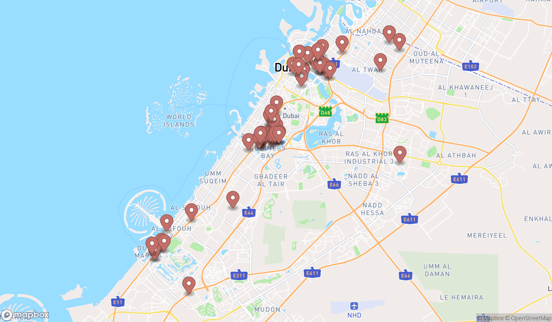 Map showing the search results in Dubai