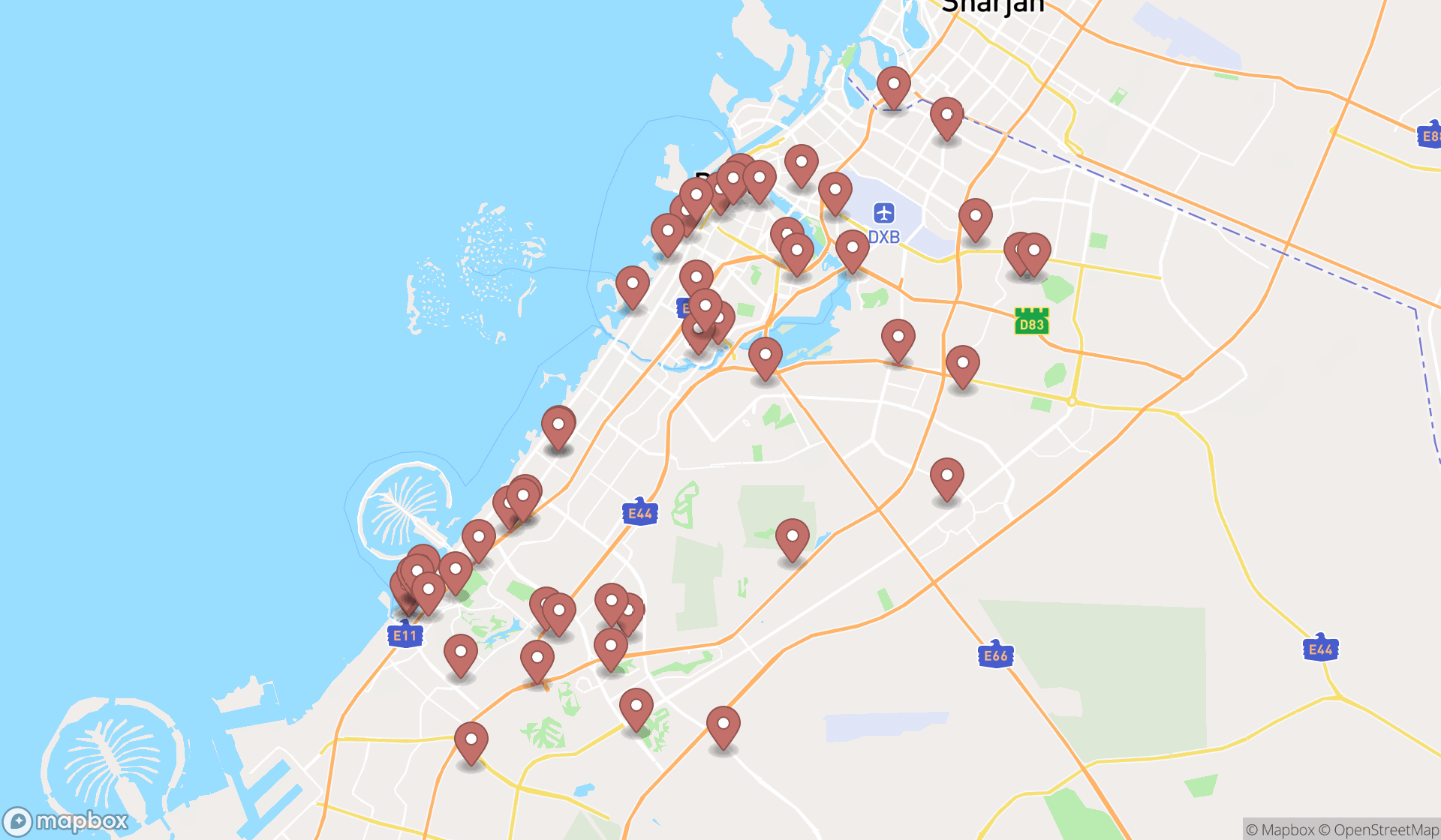 Map showing the search results in Dubai