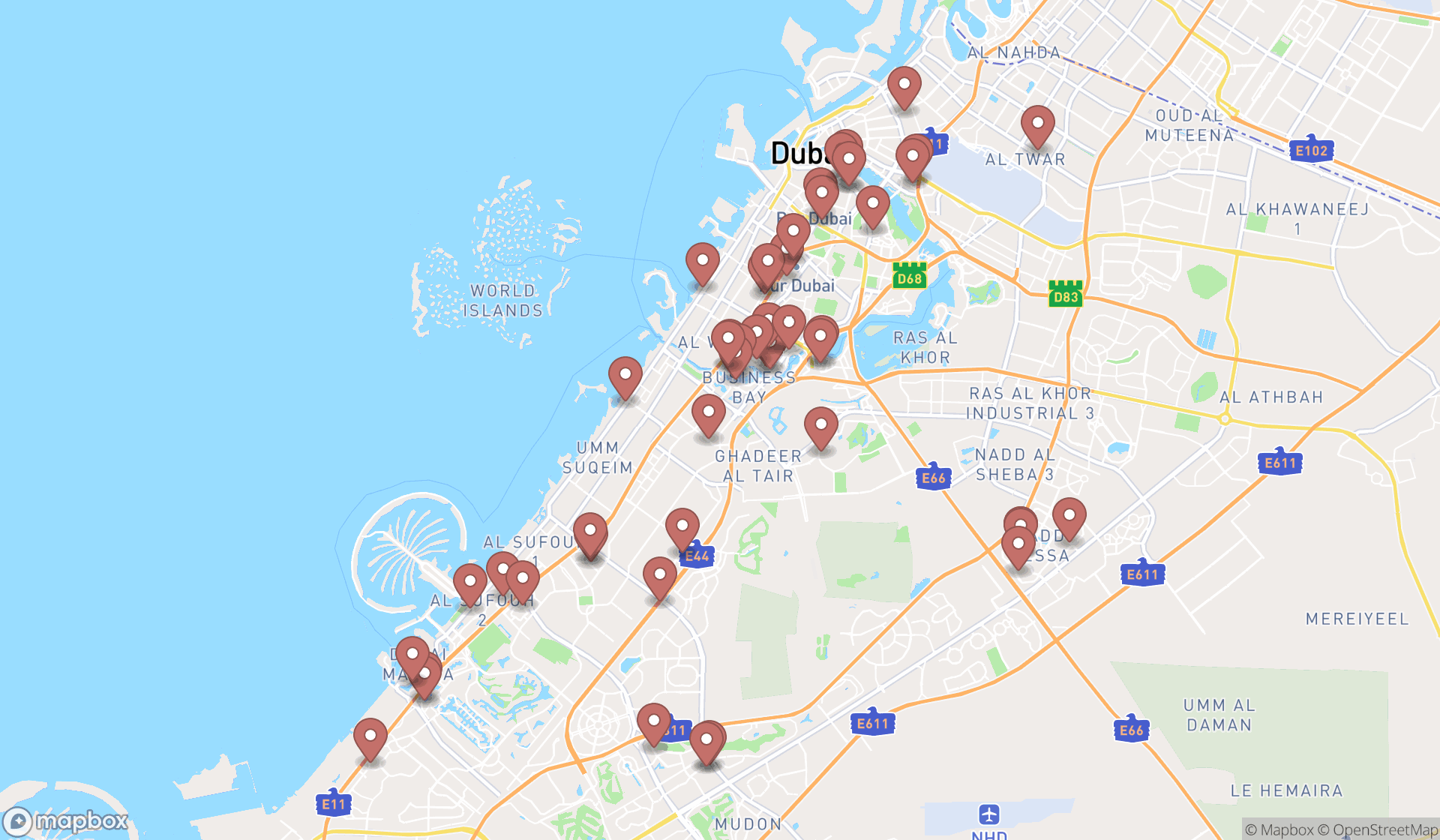 Map showing the search results in Dubai