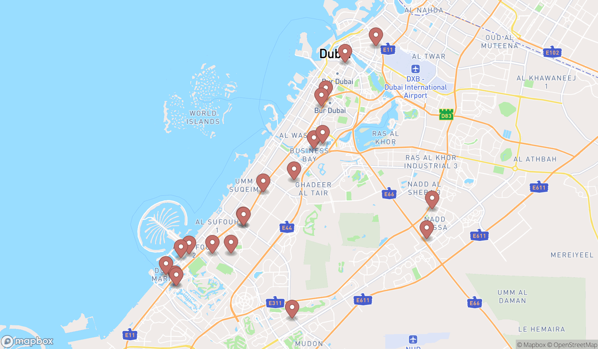 Map showing the search results in Dubai