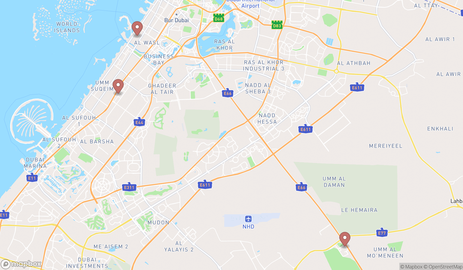 Map showing the search results in Dubai