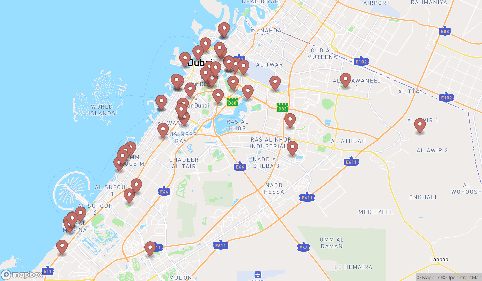 Map showing the search results in Dubai