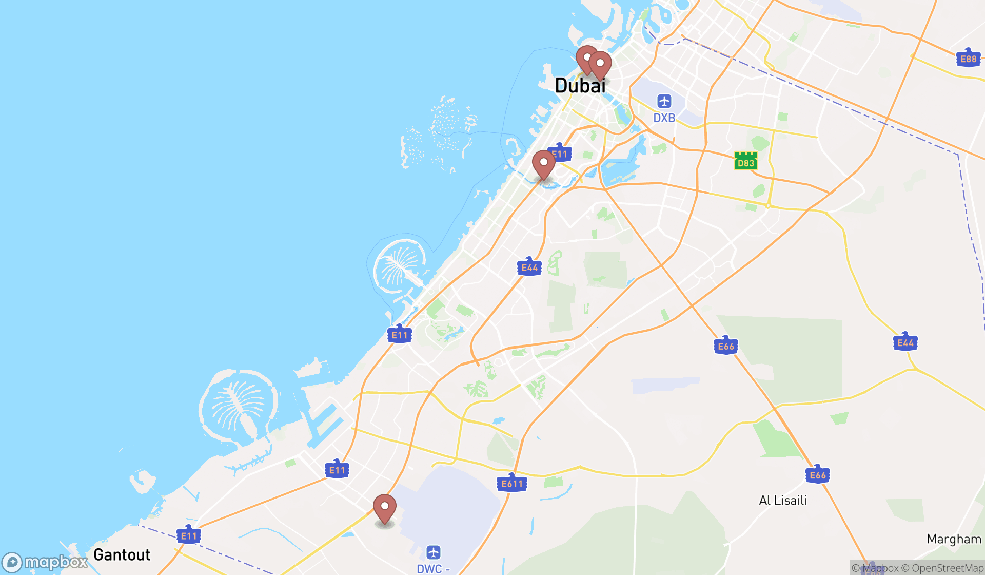 Map showing the search results in Dubai