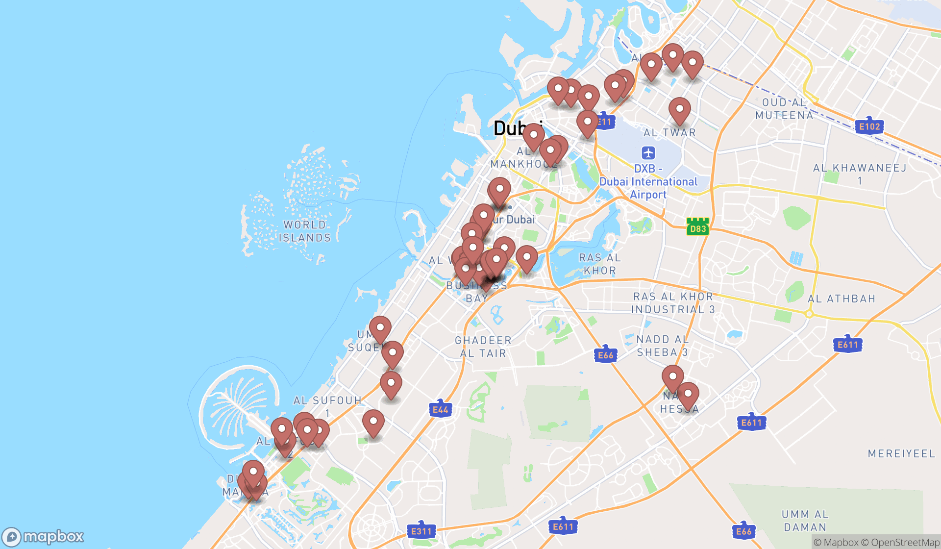 Map showing the search results in Dubai