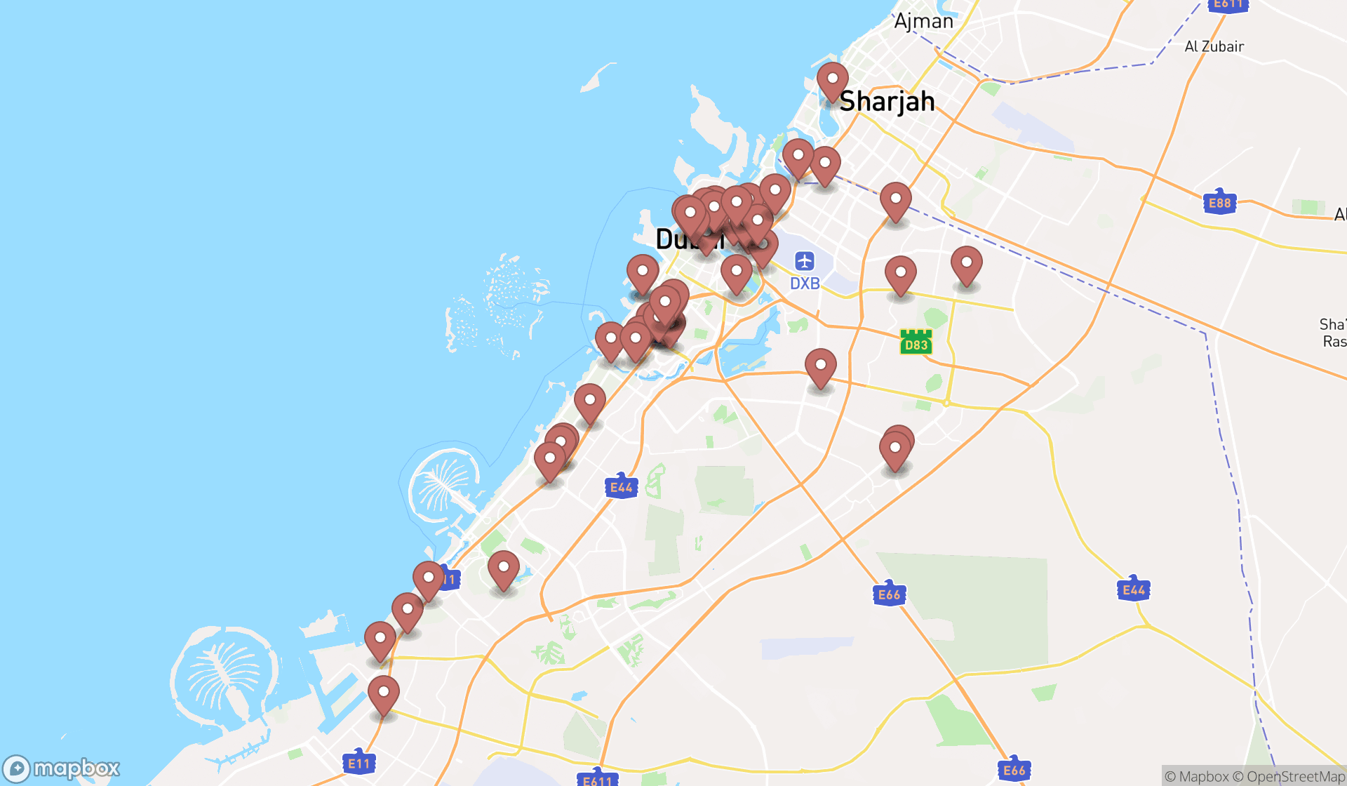 Map showing the search results in Dubai