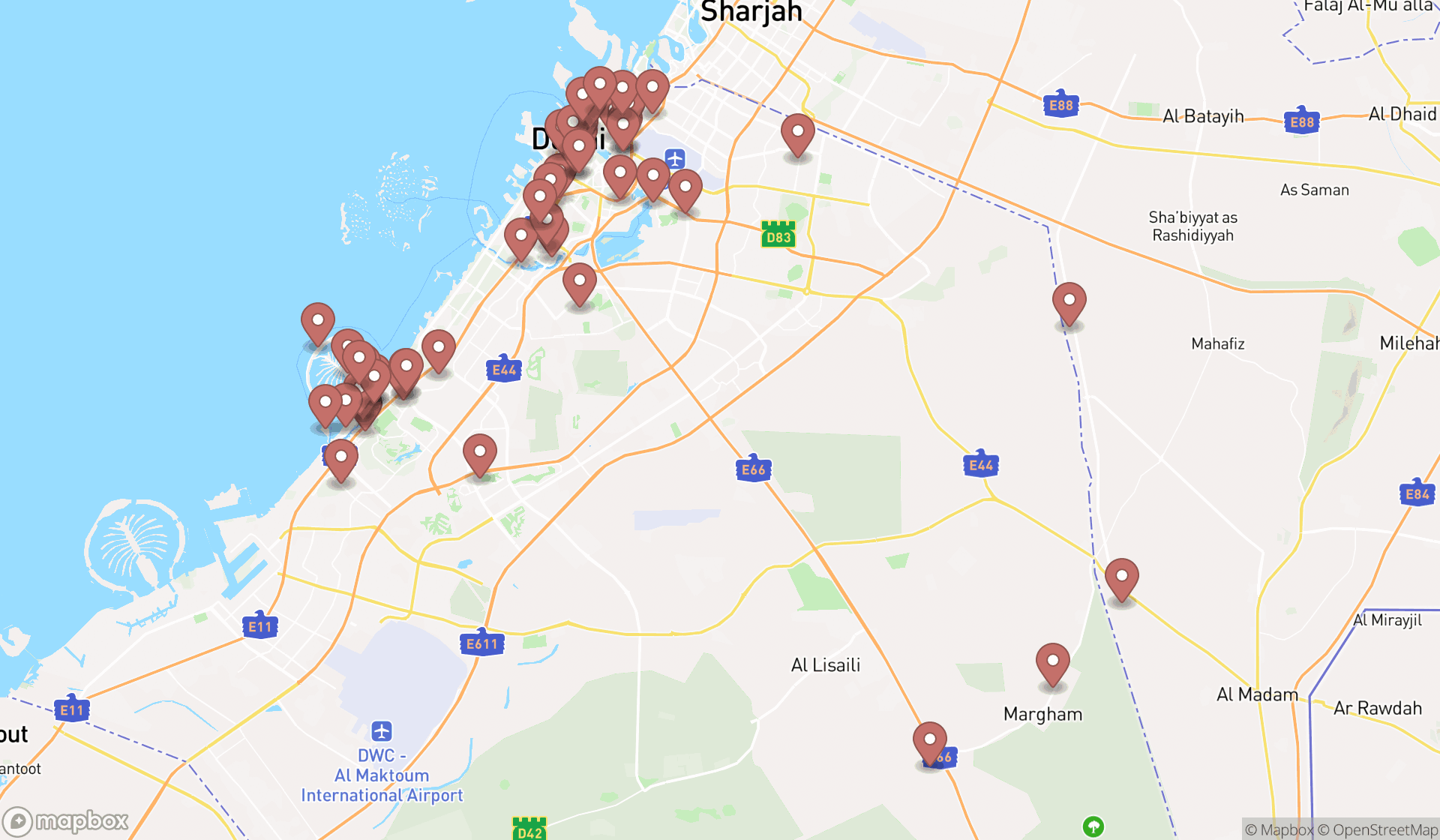 Map showing the search results in Dubai