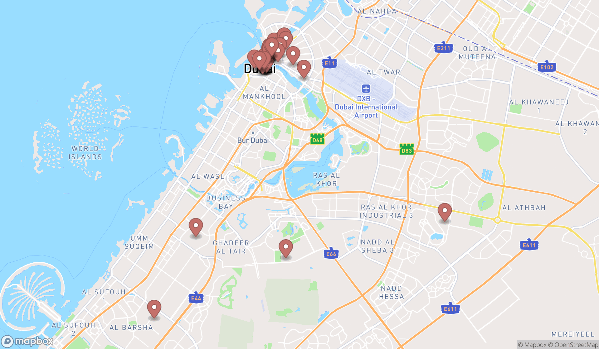 Map showing the search results in Dubai