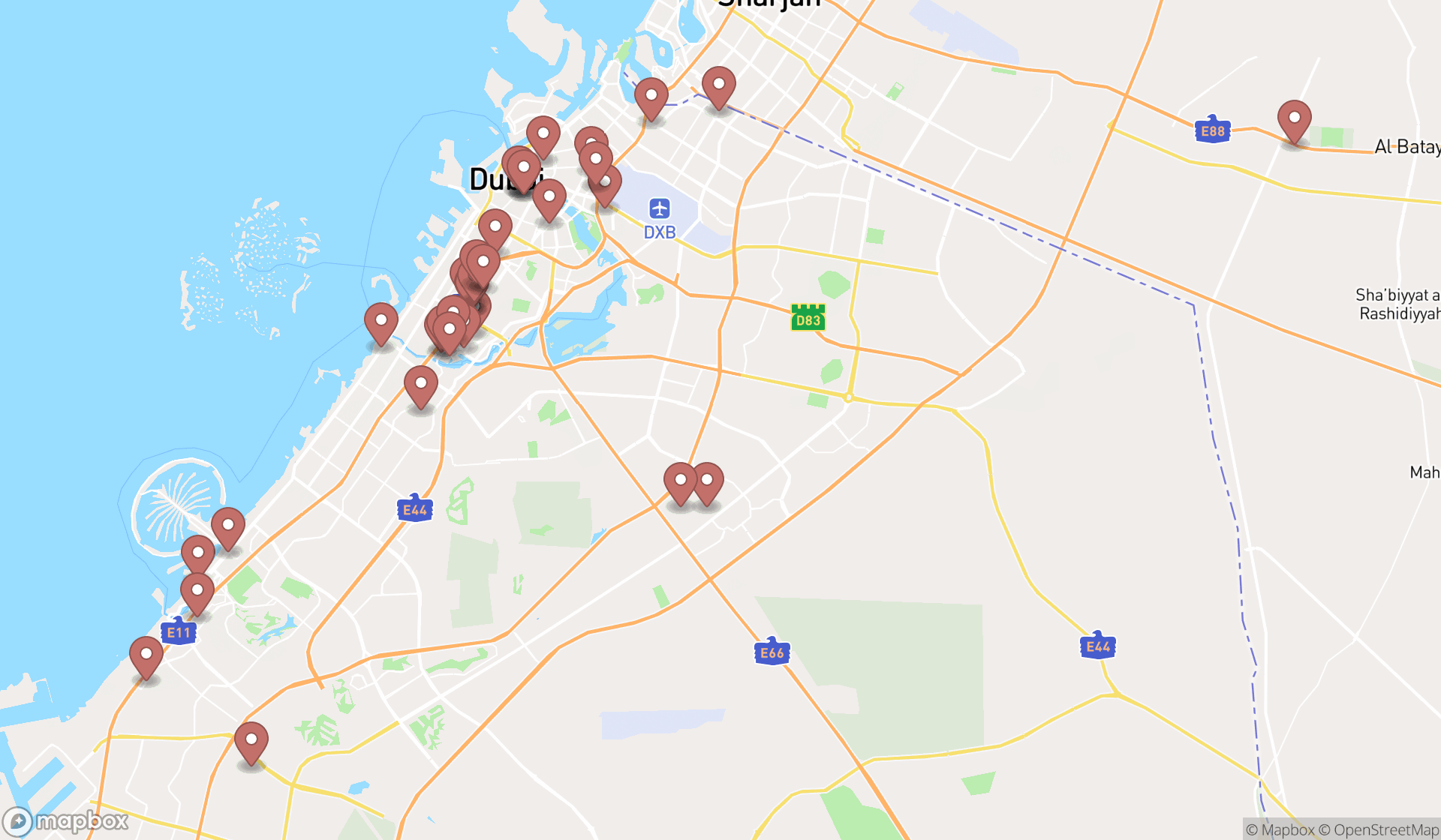Map showing the search results in Dubai