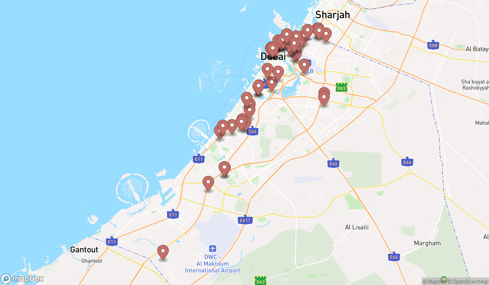 Map showing the search results in Dubai