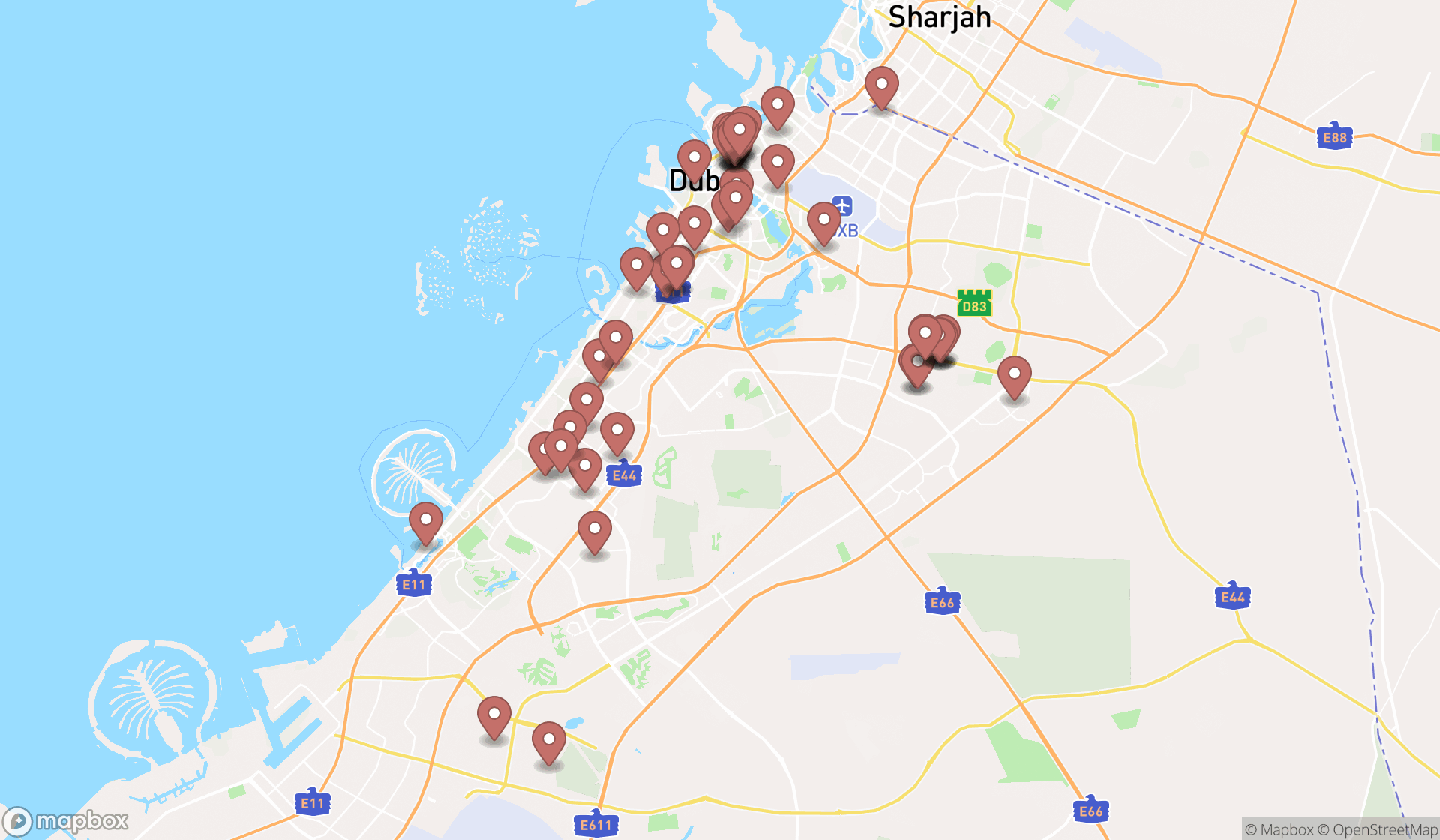 Map showing the search results in Dubai