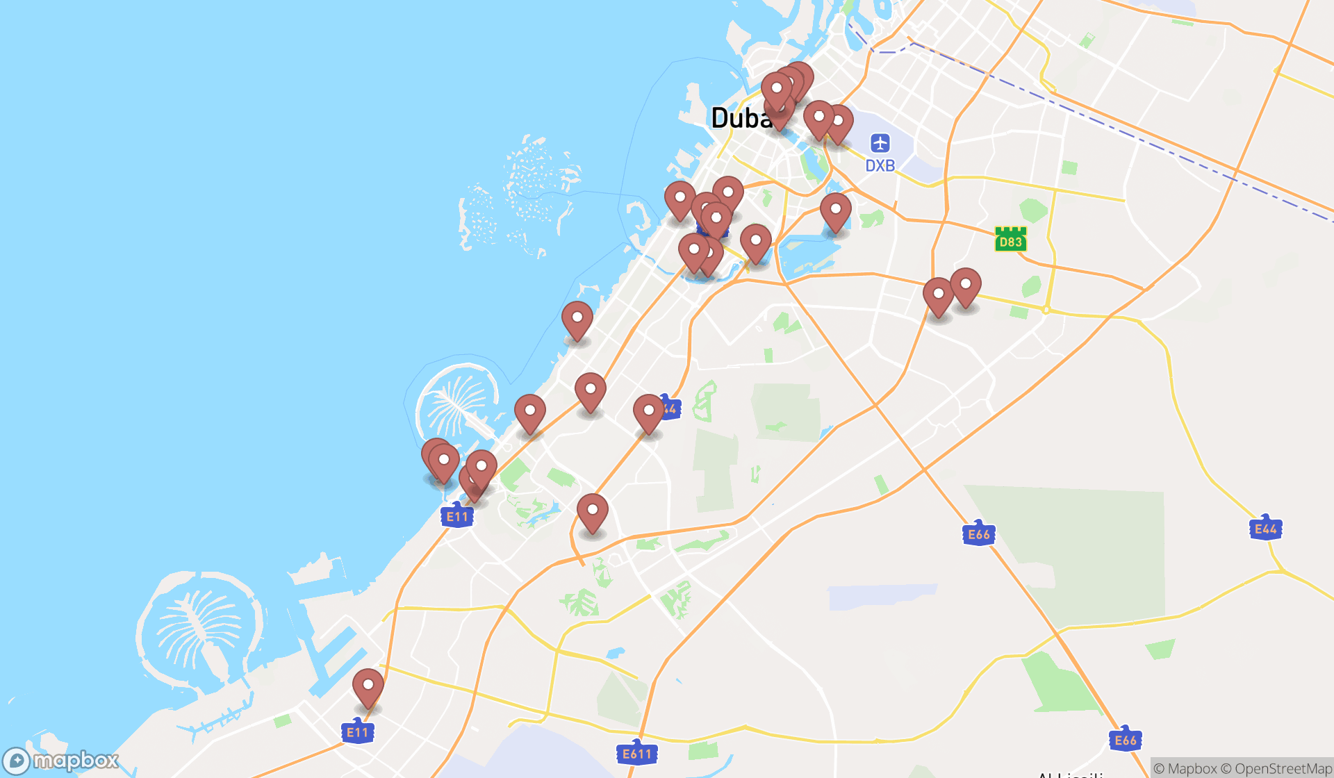 Map showing the search results in Dubai