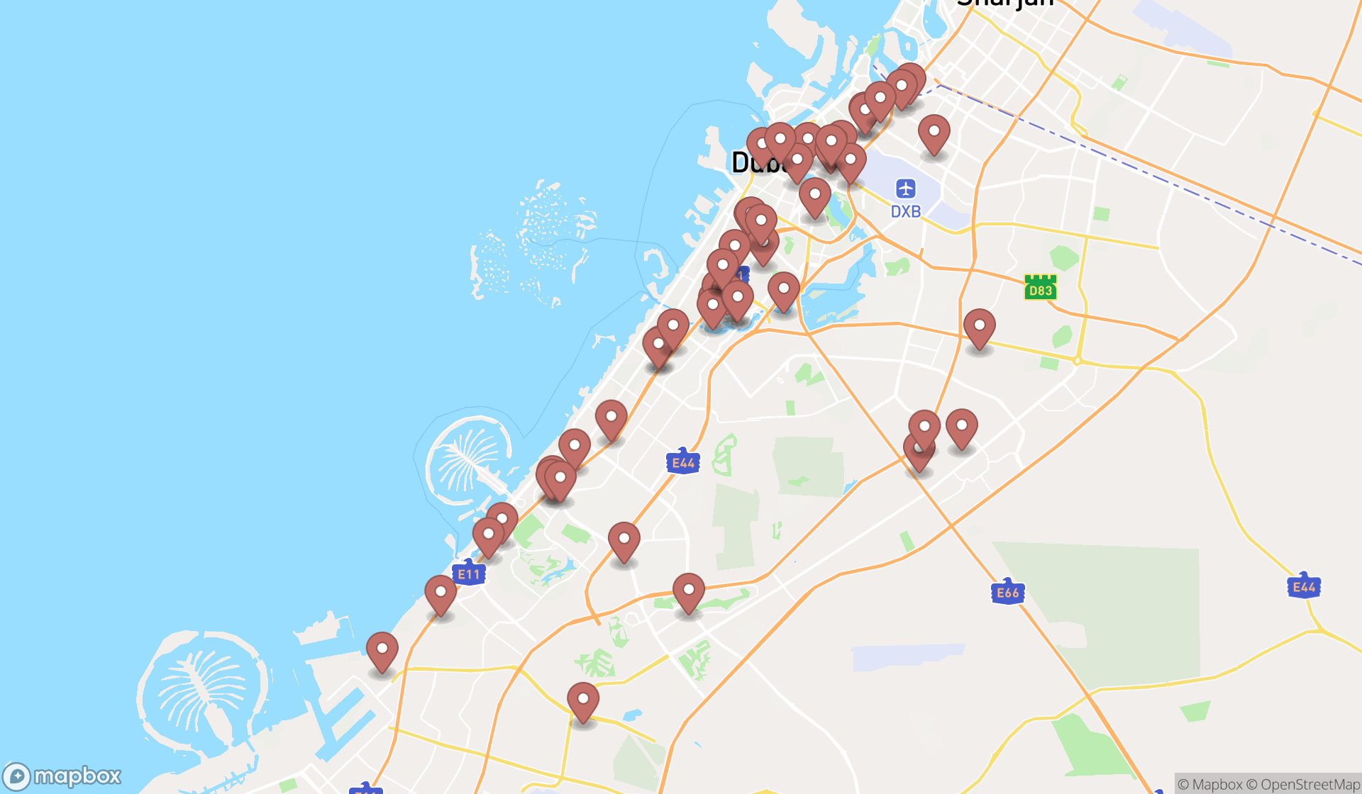 Map showing the search results in Dubai