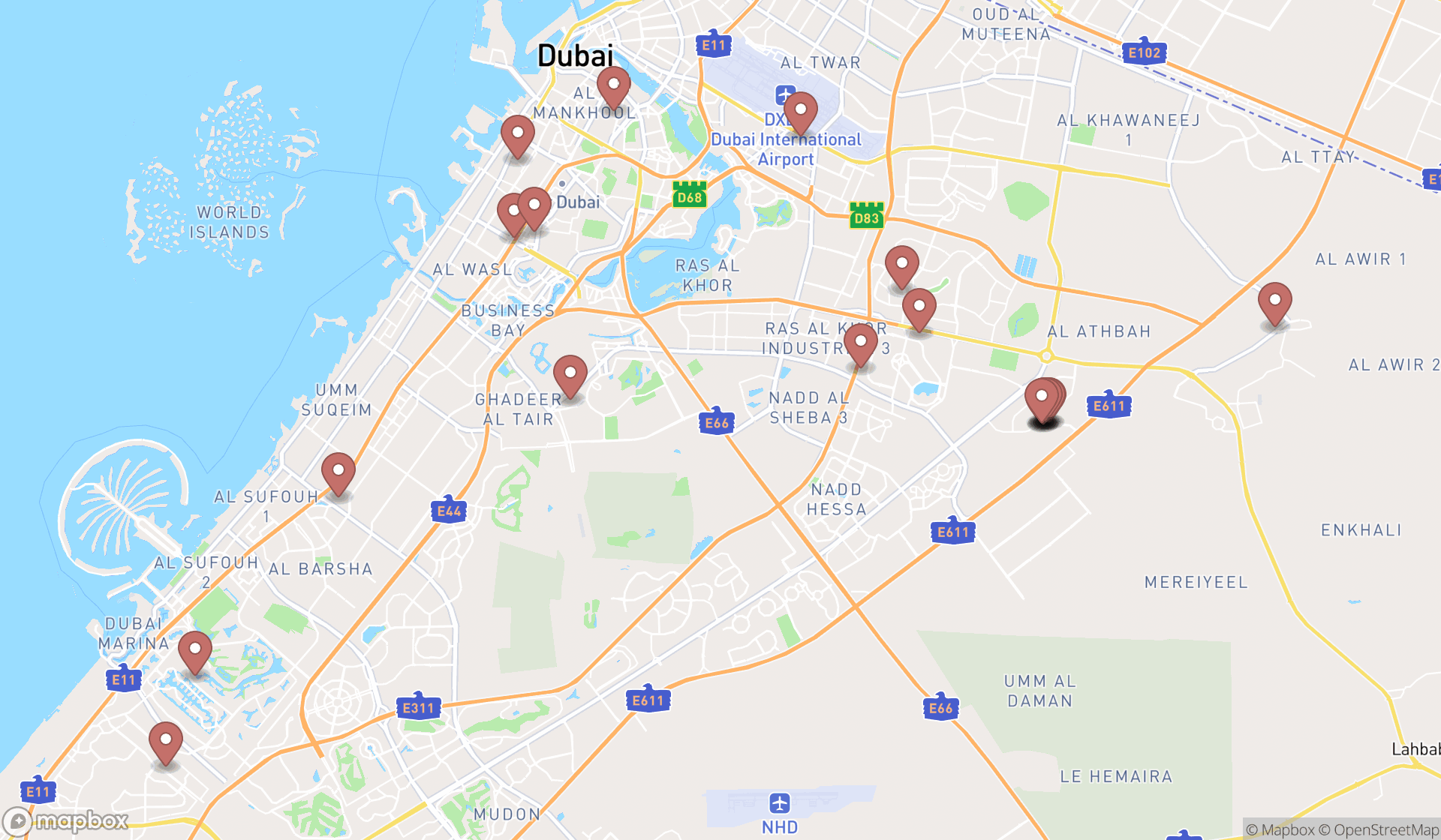 Map showing the search results in Dubai