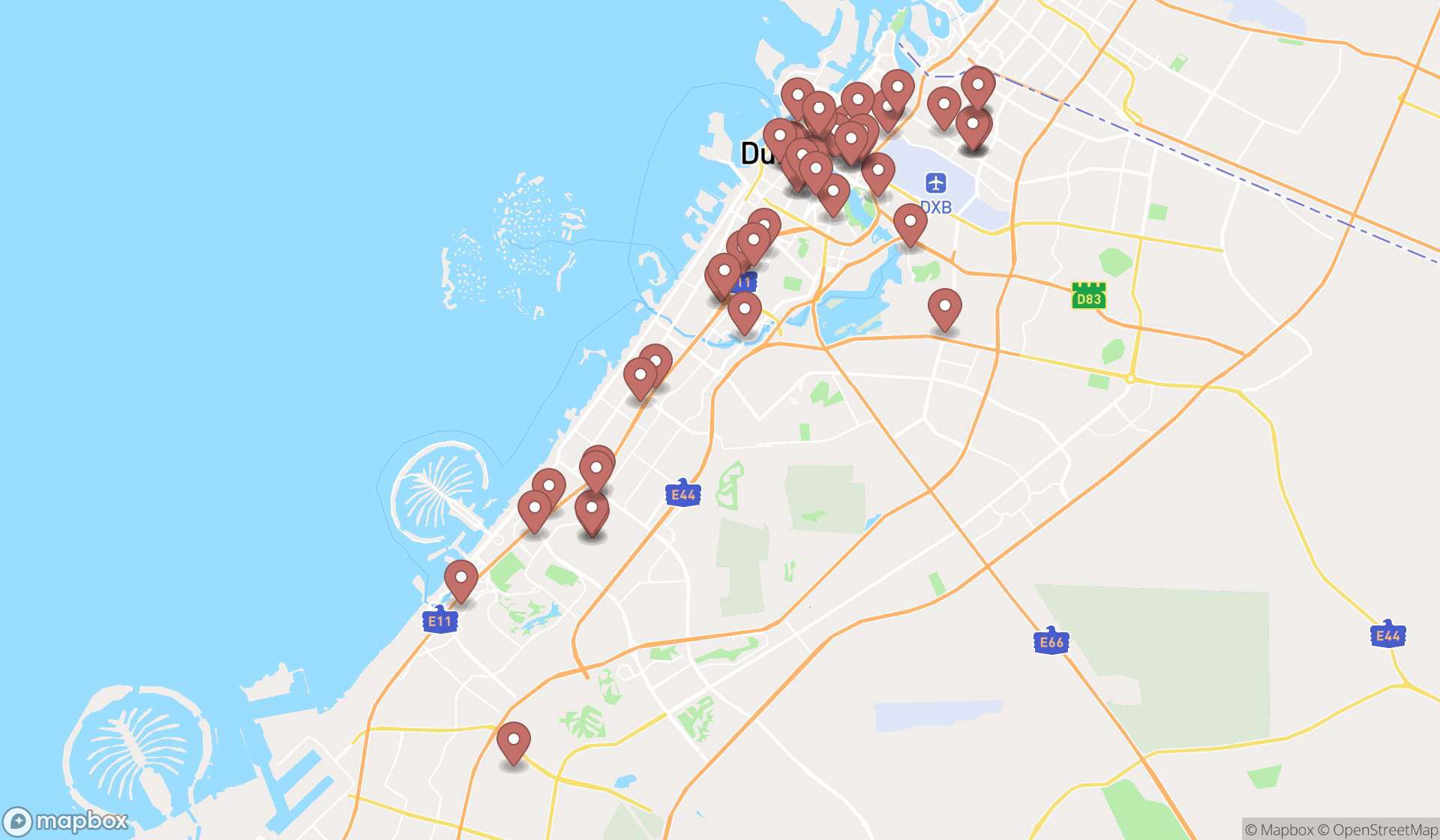 Map showing the search results in Dubai