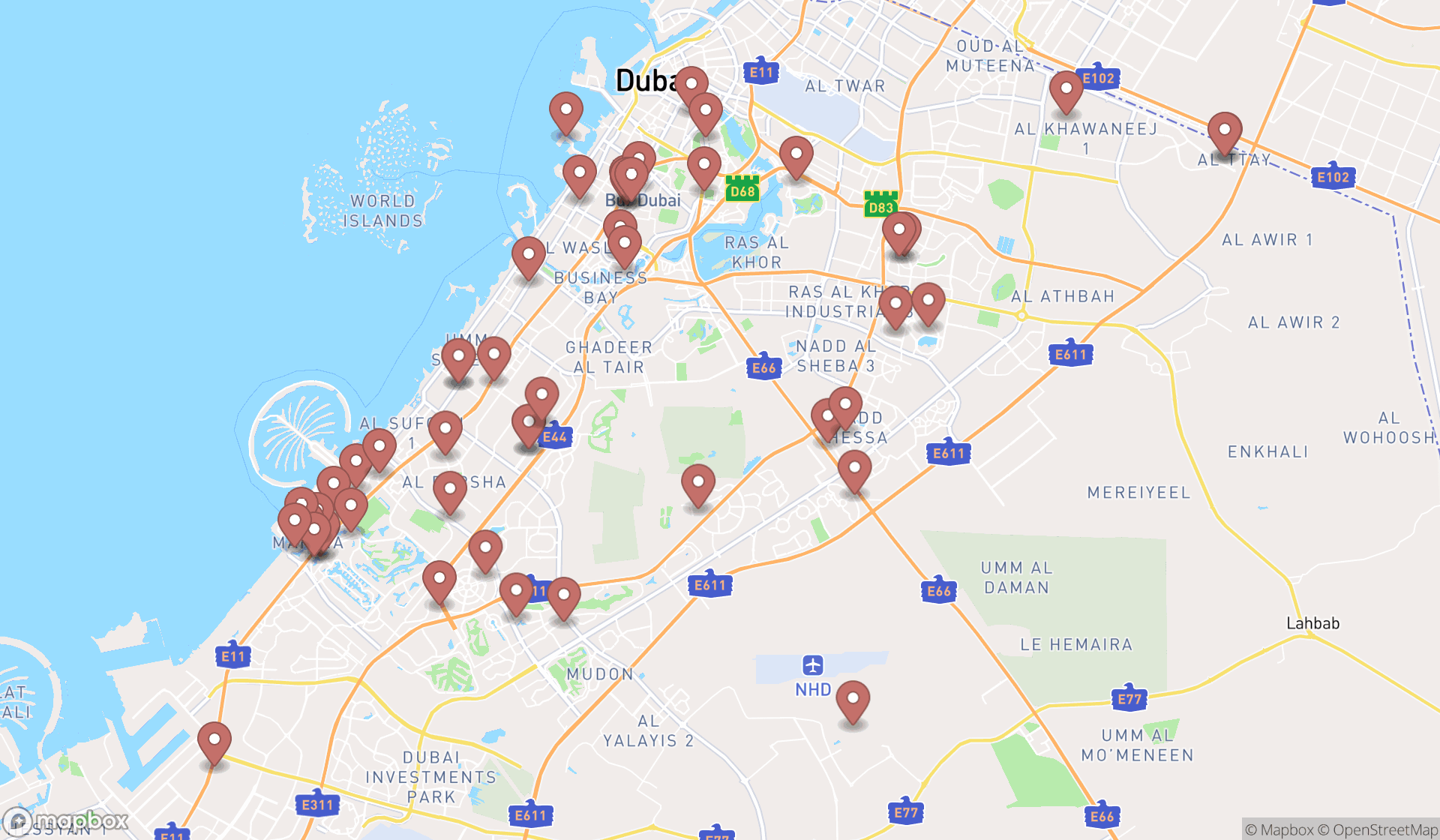 Map showing the search results in Dubai