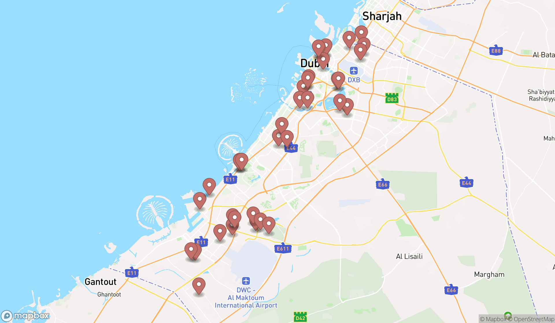 Map showing the search results in Dubai