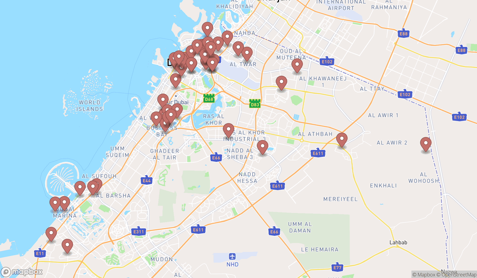 Map showing the search results in Dubai