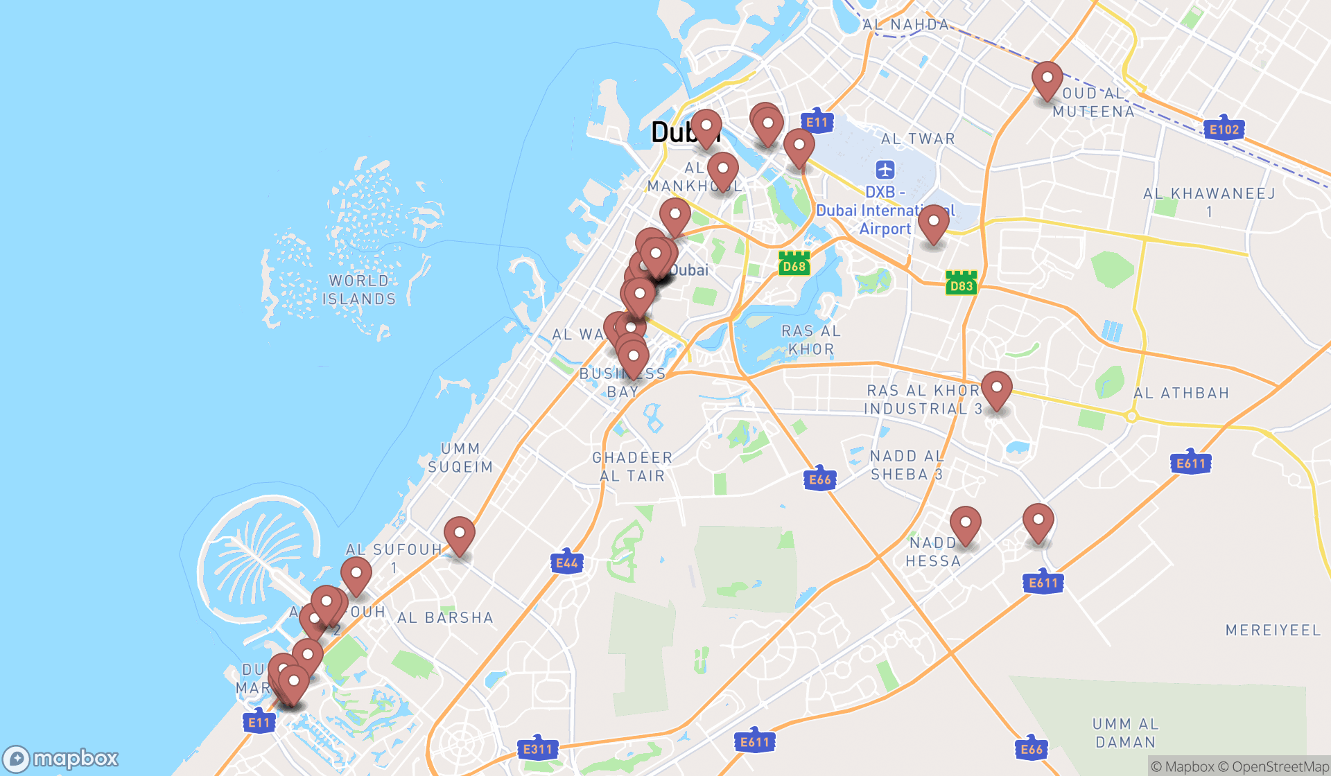 Map showing the search results in Dubai