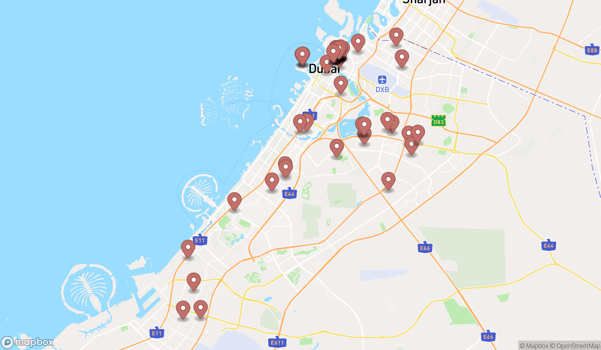 Map showing the search results in Dubai