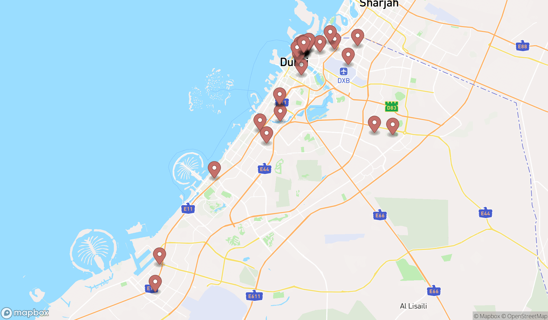 Map showing the search results in Dubai