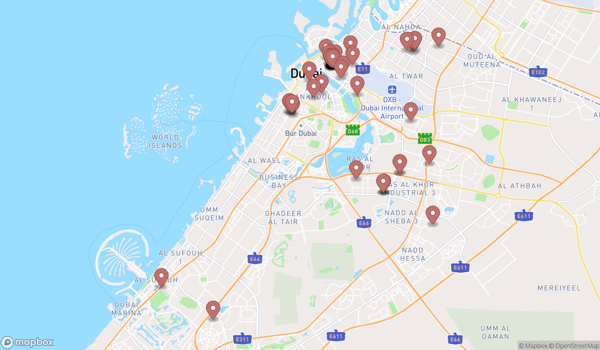 Map showing the search results in Dubai