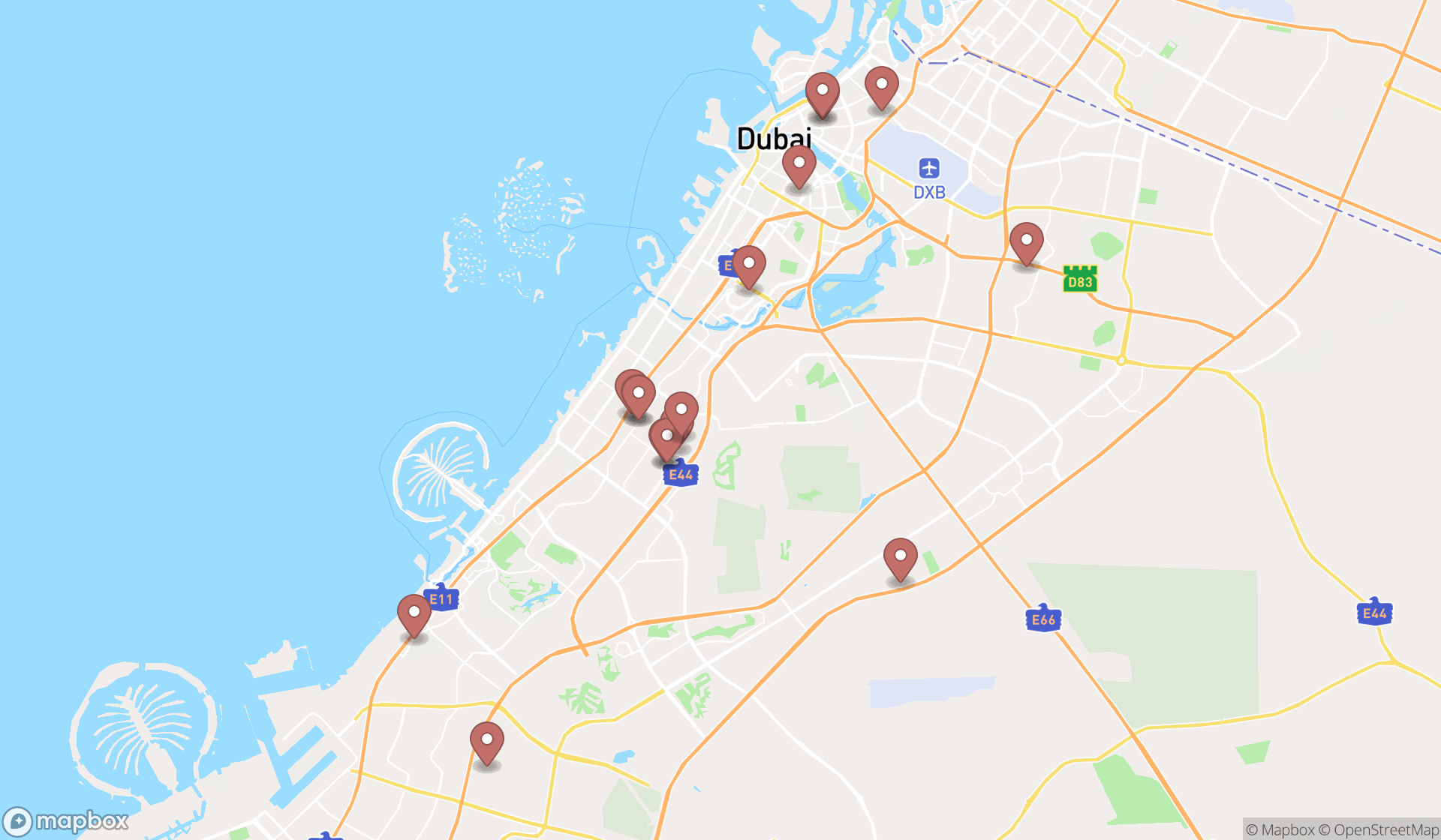 Map showing the search results in Dubai