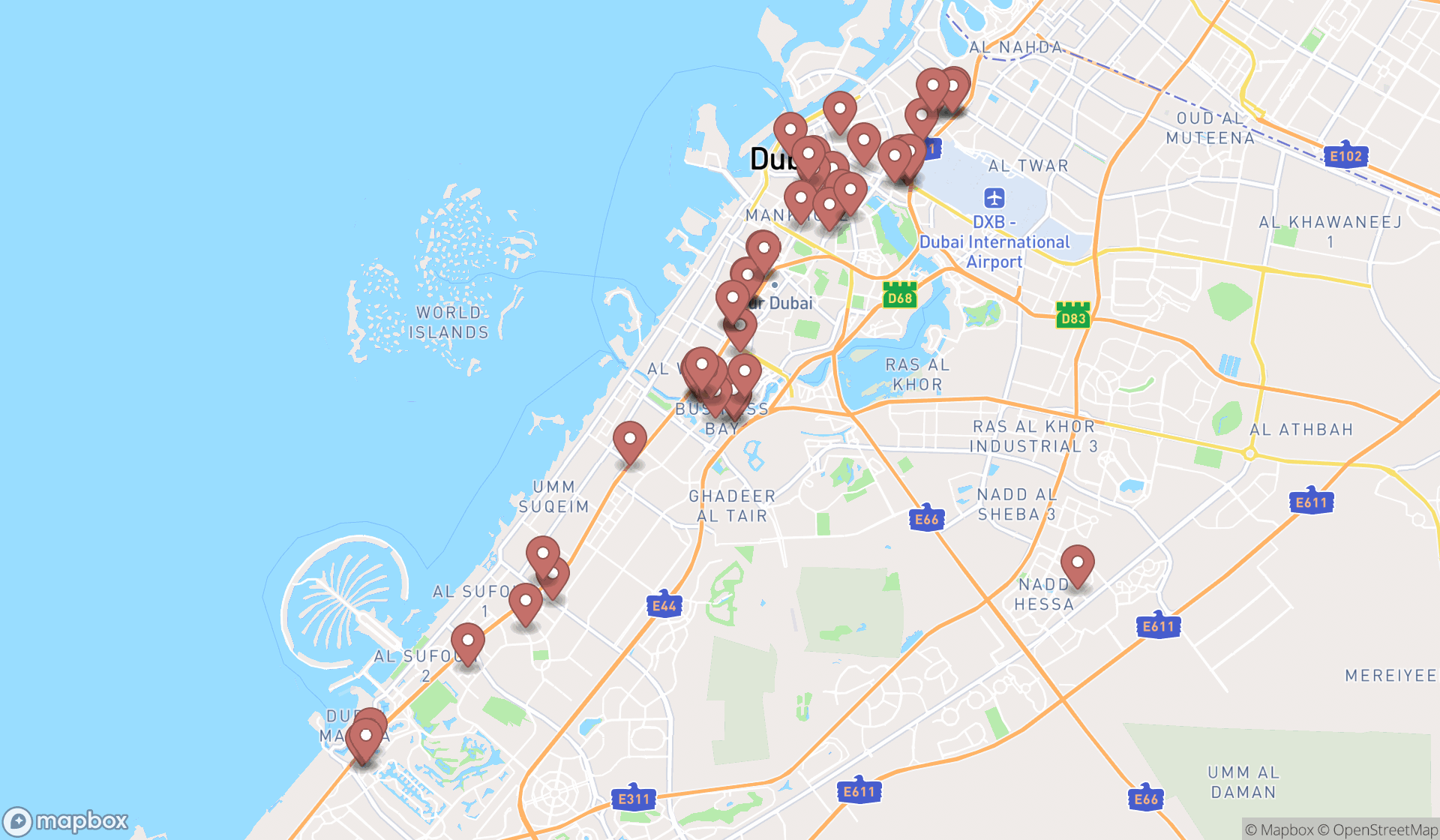 Map showing the search results in Dubai