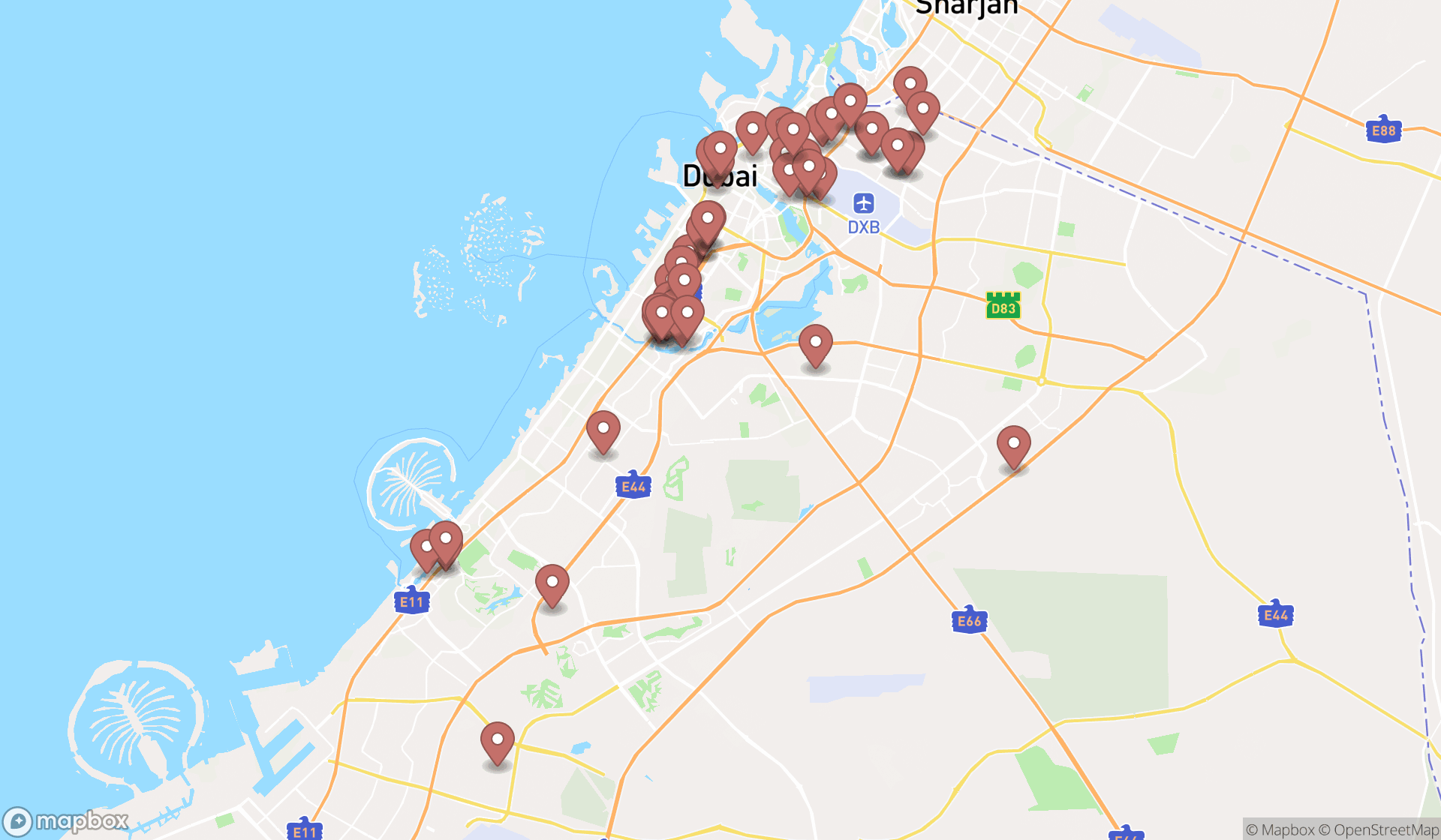 Map showing the search results in Dubai