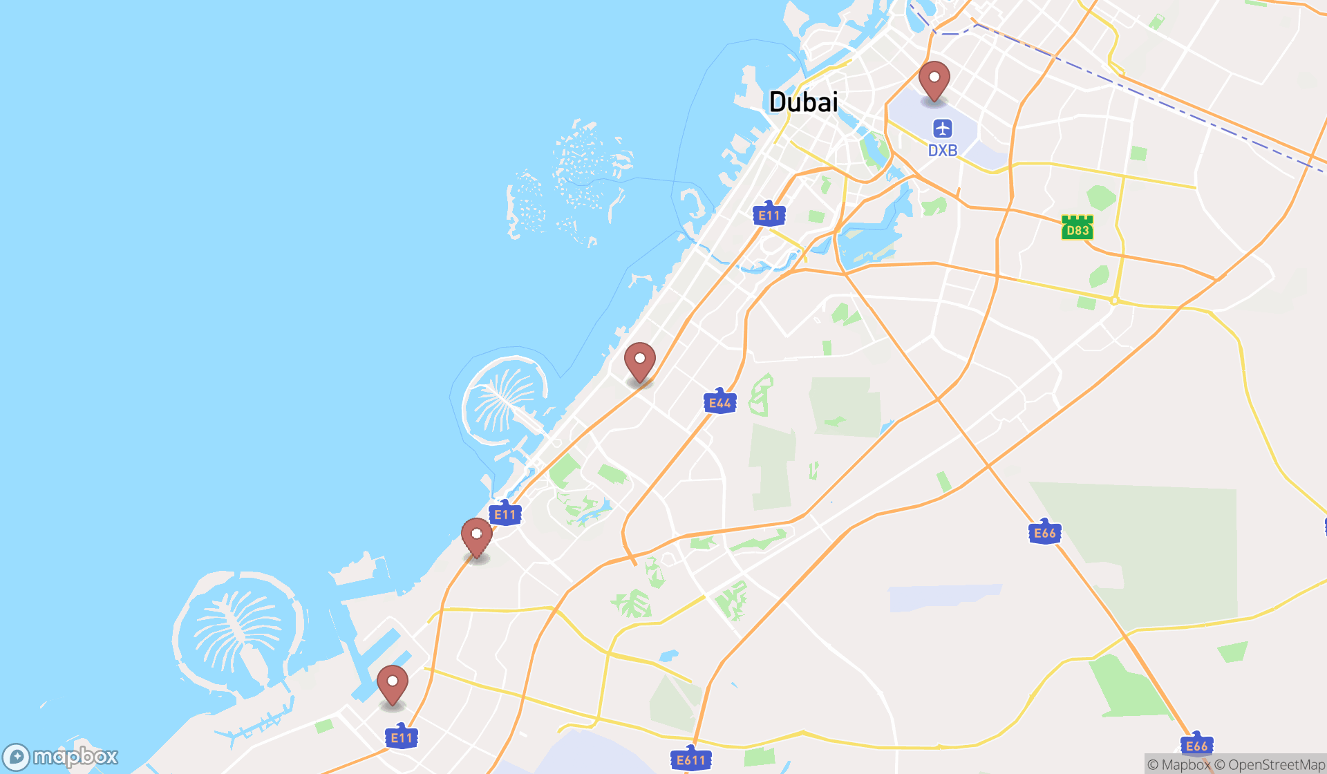 Map showing the search results in Dubai