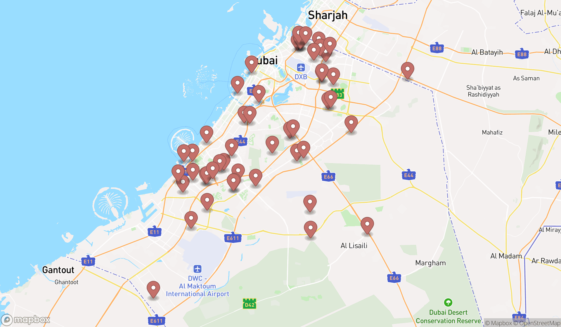 Map showing the search results in Dubai