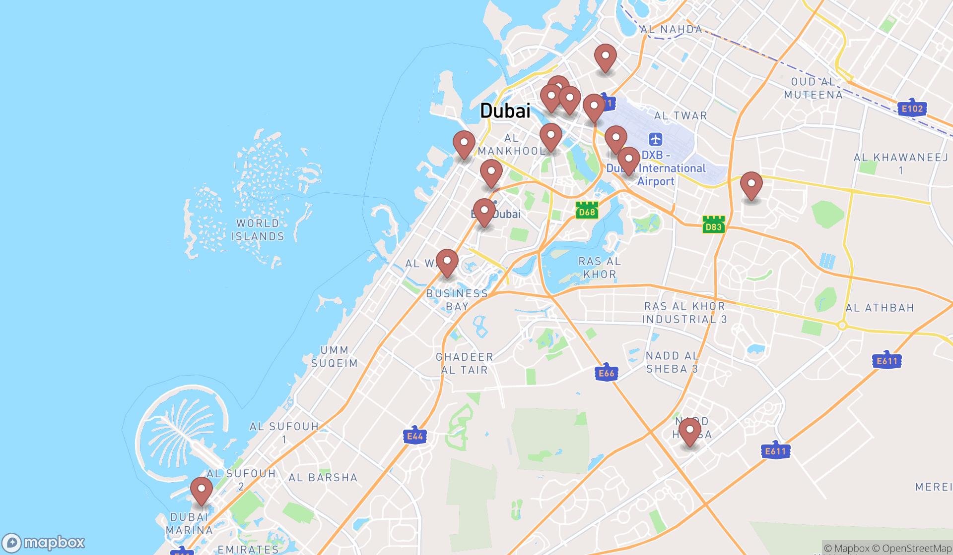 Map showing the search results in Dubai