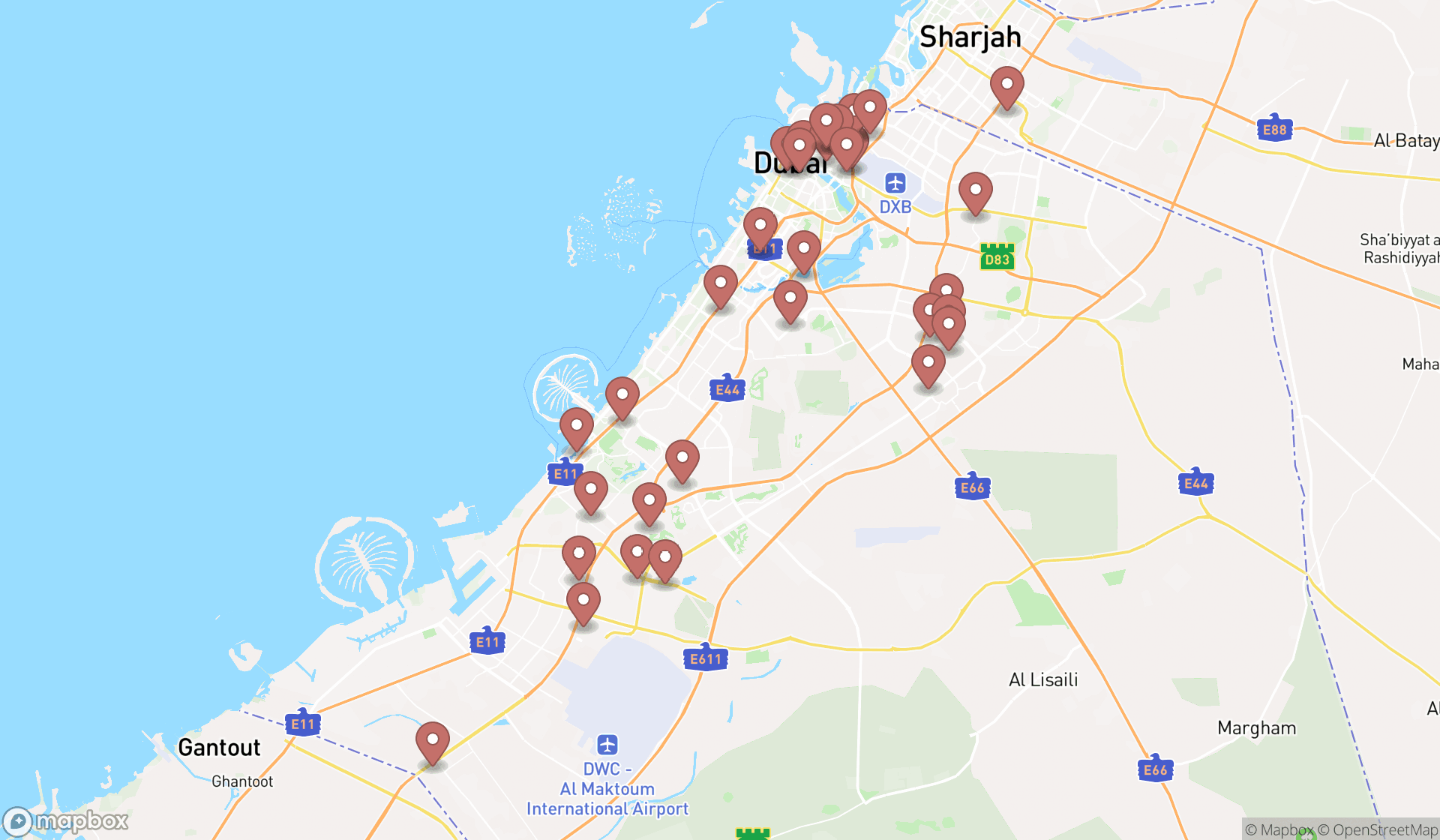 Map showing the search results in Dubai