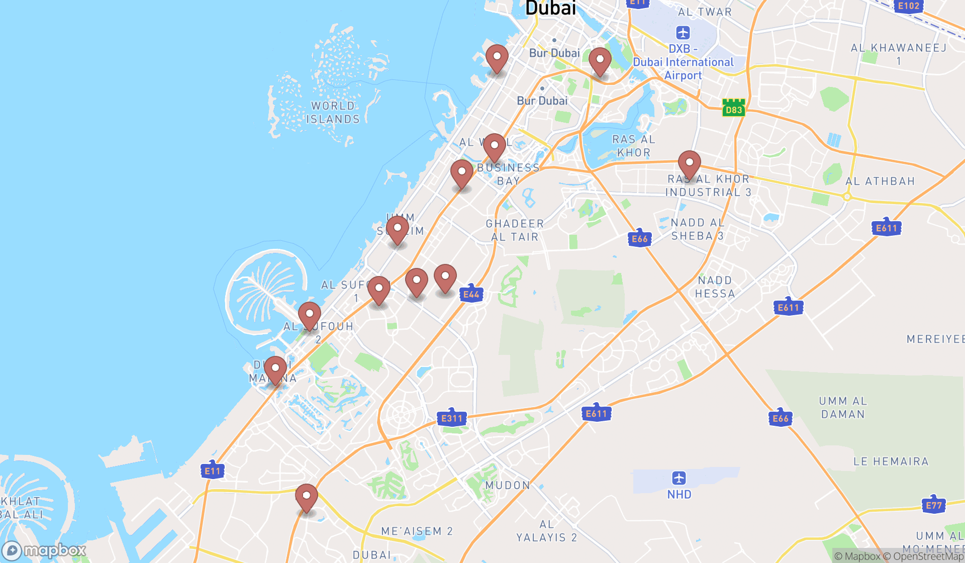 Map showing the search results in Dubai