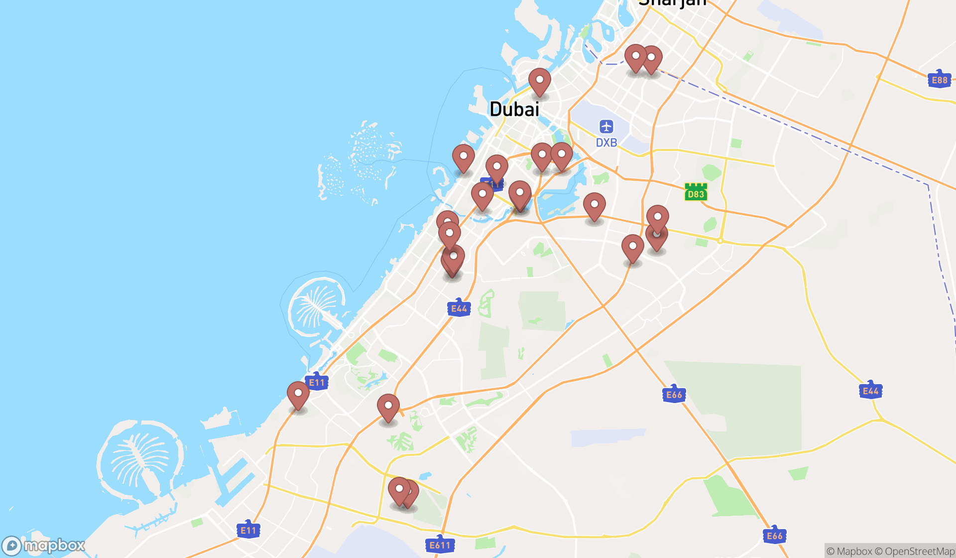 Map showing the search results in Dubai