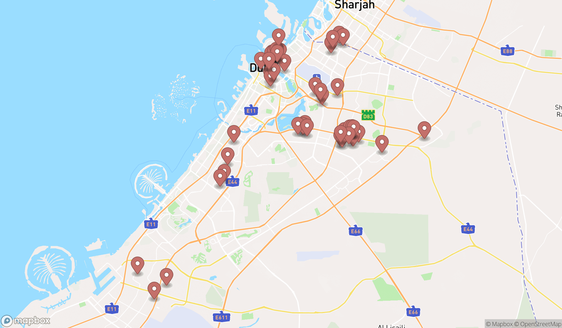 Map showing the search results in Dubai