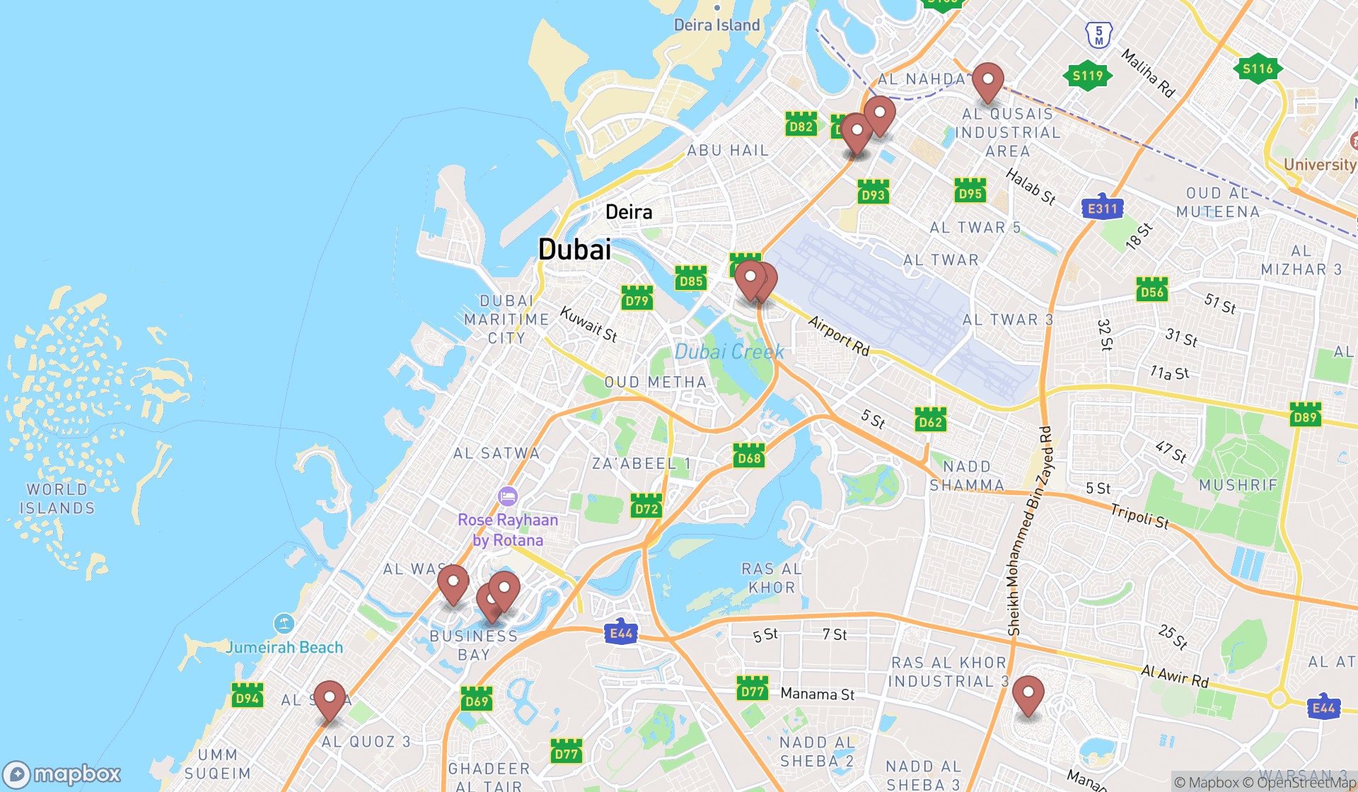Map showing the search results in Dubai