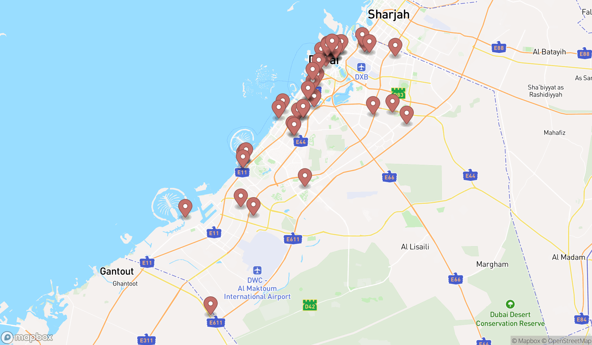Map showing the search results in Dubai